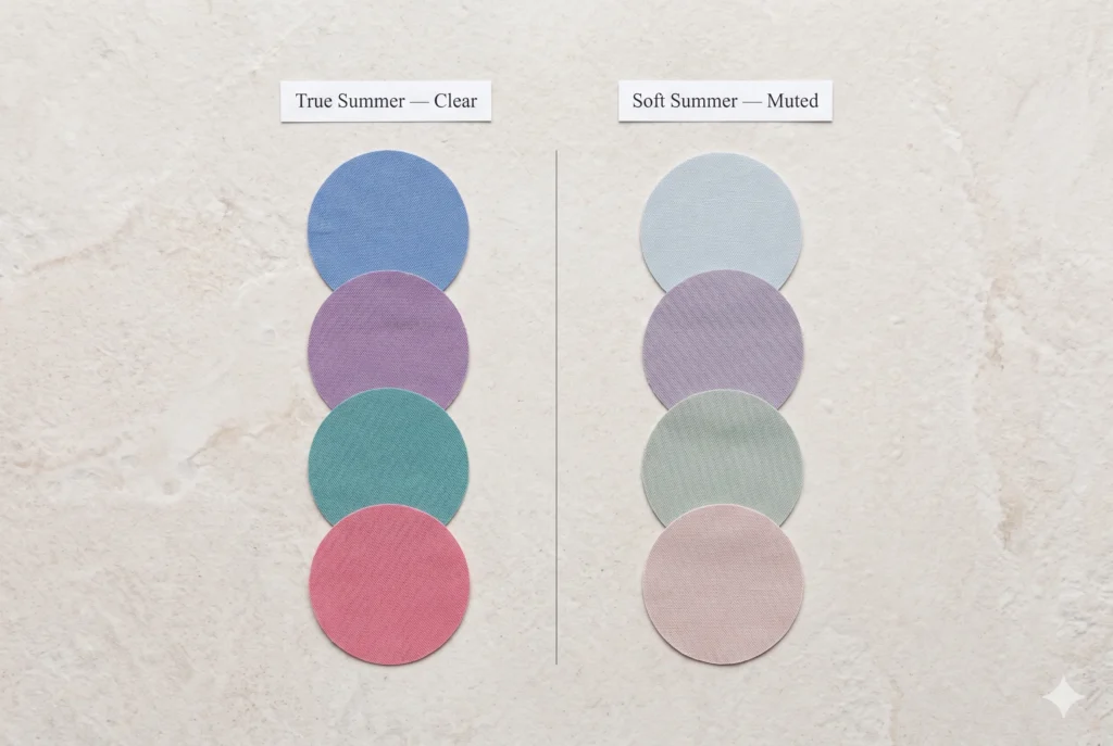 Side-by-side comparison of True Summer (clear medium-saturation cornflower blue, soft plum, cool teal, watermelon pink) versus Soft Summer (same hues greyed down to misty blue-grey, dusky violet, muted sage, dusty rose) showing the saturation difference between the two Summer sub-seasons