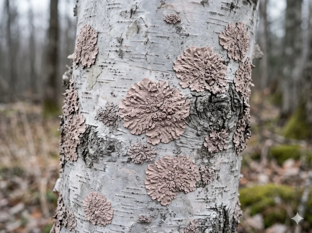 Silver birch bark with pale pink-beige lichen in cool overcast light — showing Blush Clay #D9C8C5 as a muted dusty rose that reads cool-neutral in its natural environment.