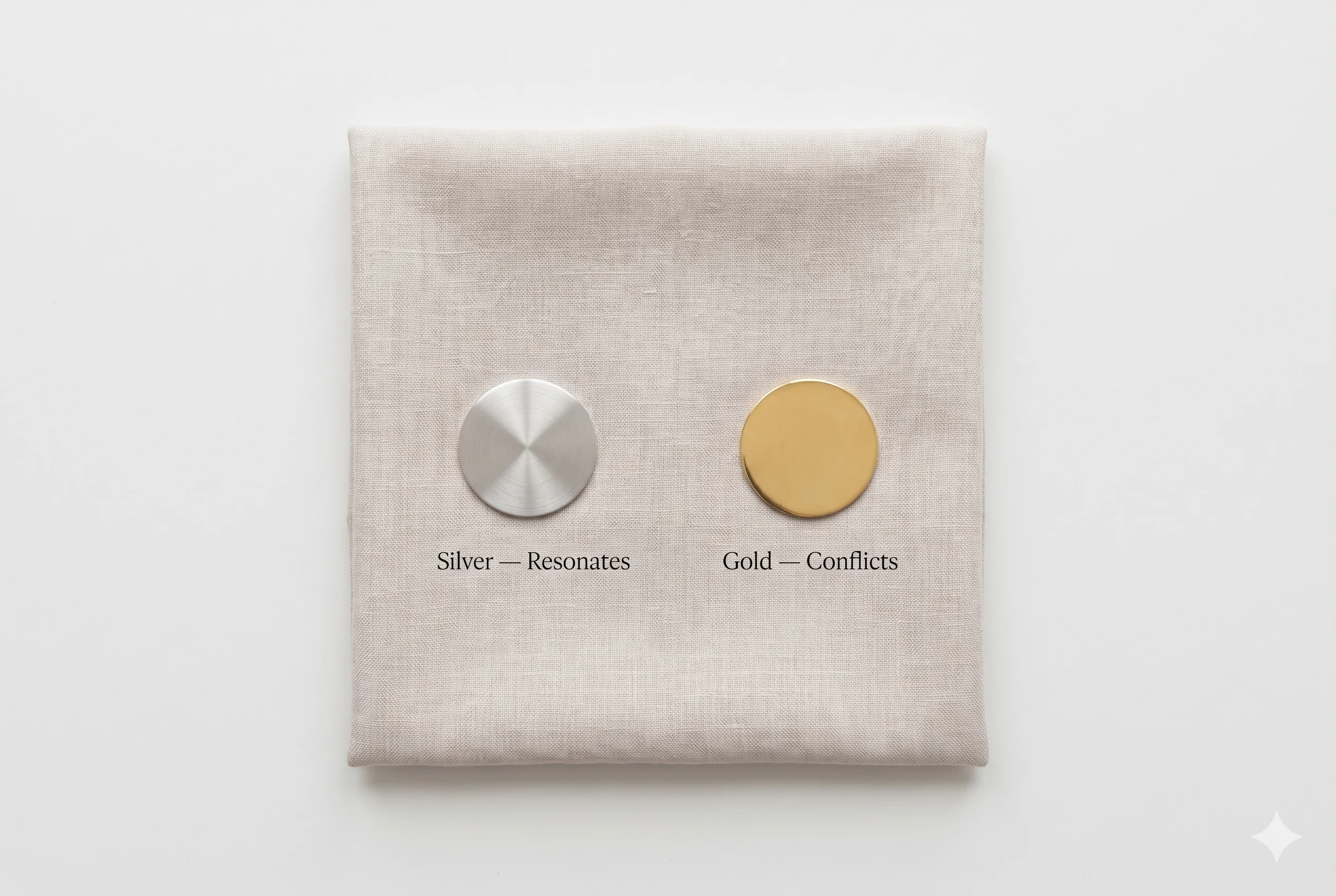 Metal temperature comparison flat-lay showing brushed silver resonating harmoniously with cool-neutral pale linen versus yellow gold reading discordant against the same cool surface — illustrating why Soft Summer should wear silver not gold jewelry