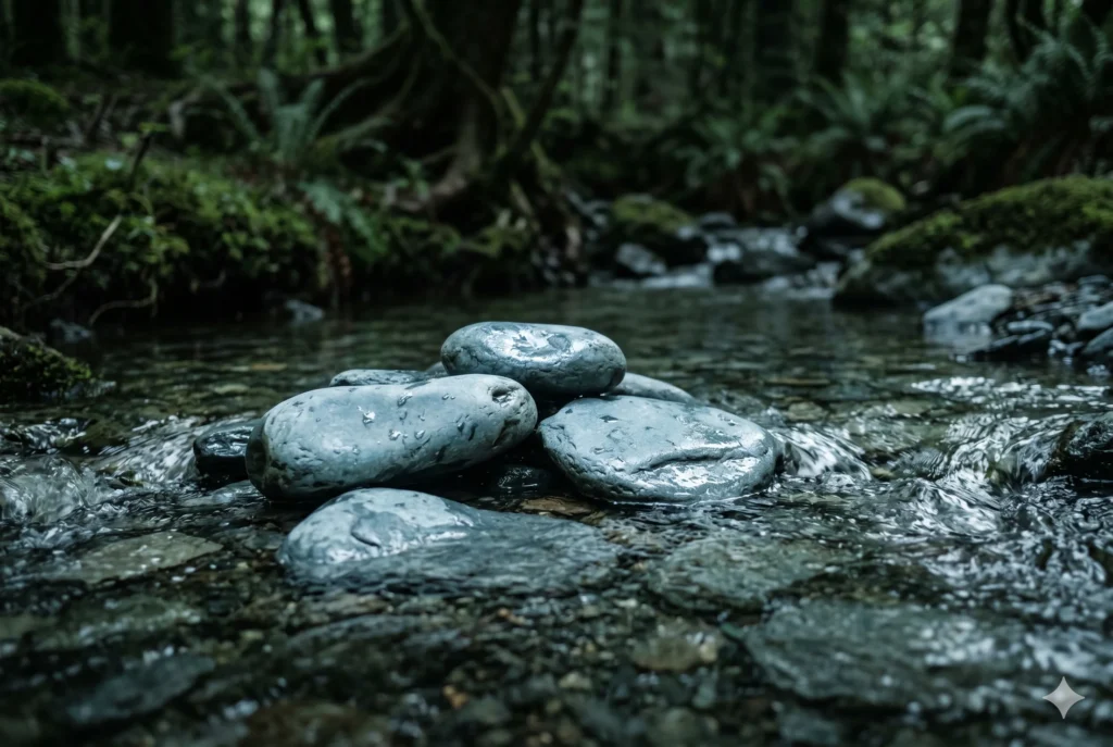 Smooth blue-grey slate stones in a shaded forest stream, showing the cool, muted tone of Soft Summer's Misty Blue-Grey neutral in its natural form.