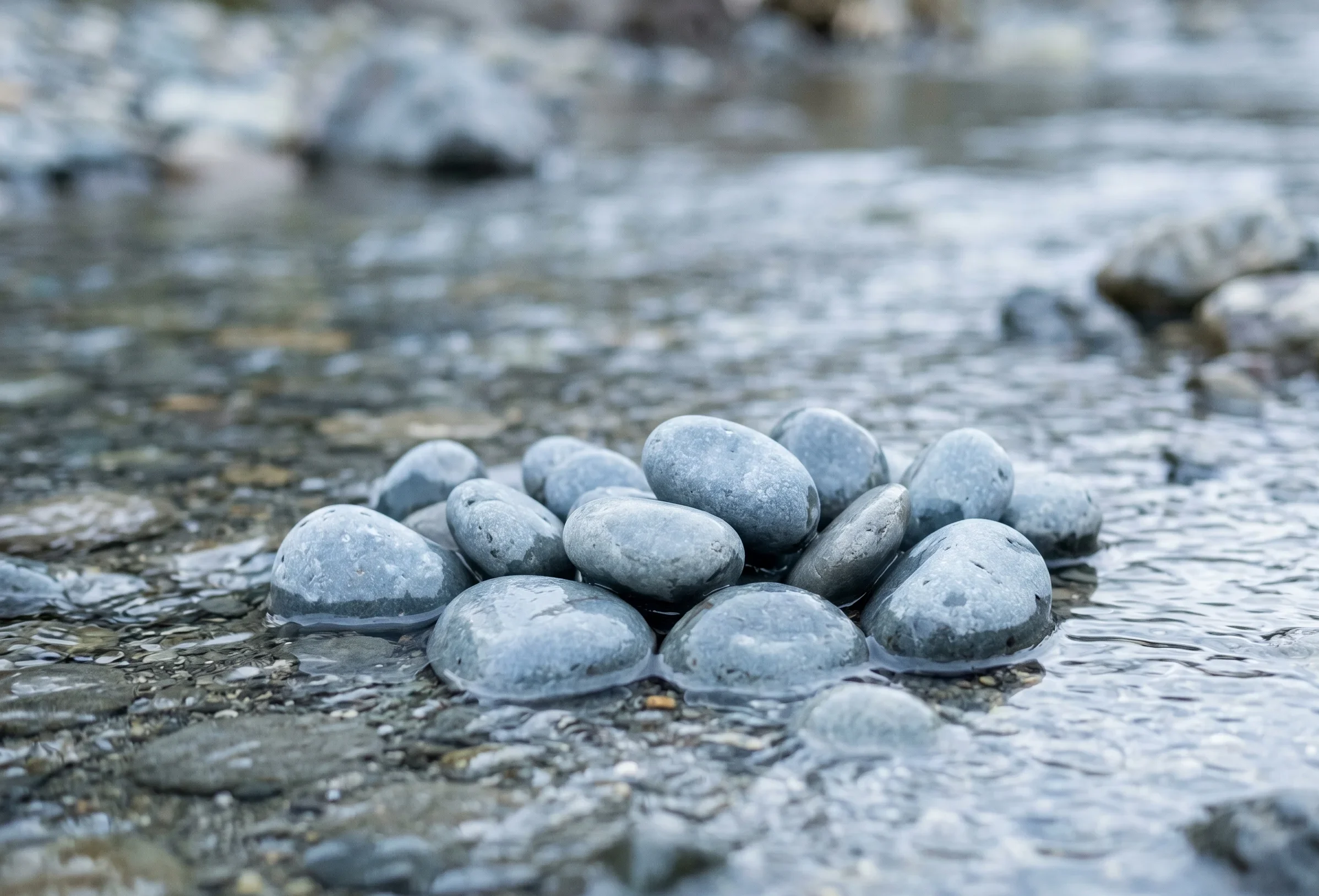 Smooth wet grey-blue river pebbles beneath clear shade, illustrating the natural form of Soft Summer's Slate Blue neutral colour #B8BEC9.
