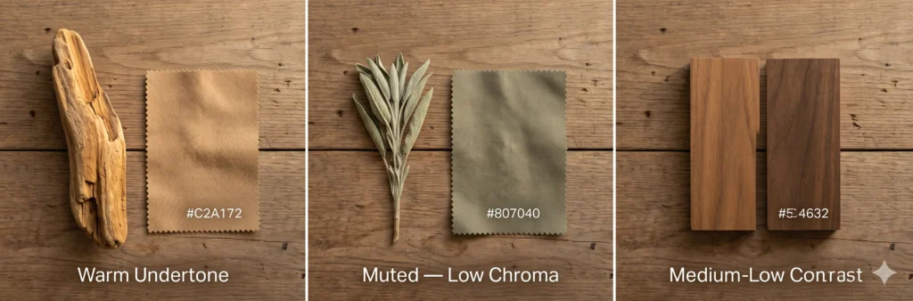 Three-panel illustration of the Soft Autumn color palette's defining qualities — warm driftwood and camel fabric for warm undertone, dried sage and muted olive for low saturation, and two close-toned warm browns for medium-low contrast