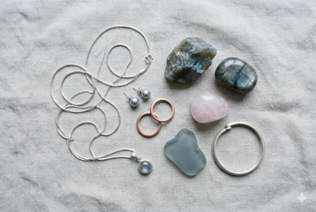 Soft Summer jewelry edit flat-lay — brushed silver chain, grey pearl earrings, cool pink rose-gold ring, grey moonstone pendant, labradorite, and rose quartz on aged grey linen — illustrating the complete Soft Summer jewelry palette