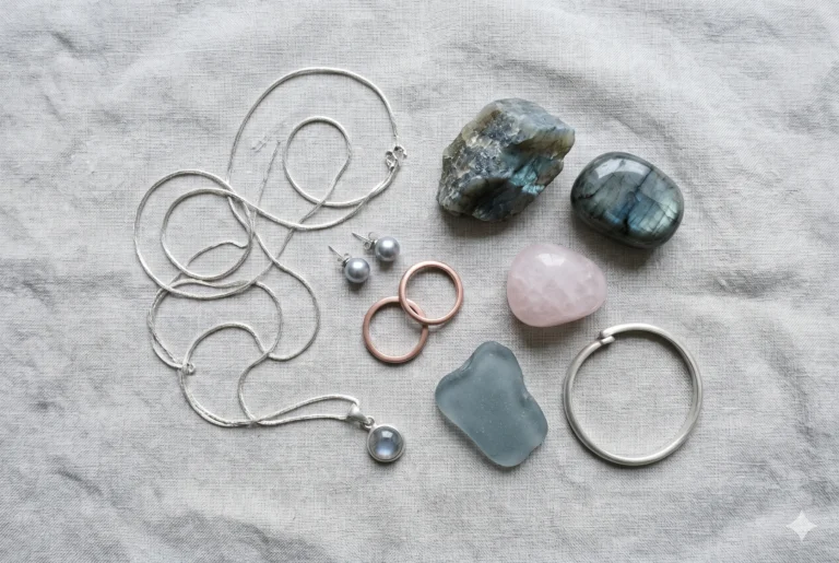 Soft Summer jewelry edit flat-lay — brushed silver chain, grey pearl earrings, cool pink rose-gold ring, grey moonstone pendant, labradorite, and rose quartz on aged grey linen — illustrating the complete Soft Summer jewelry palette