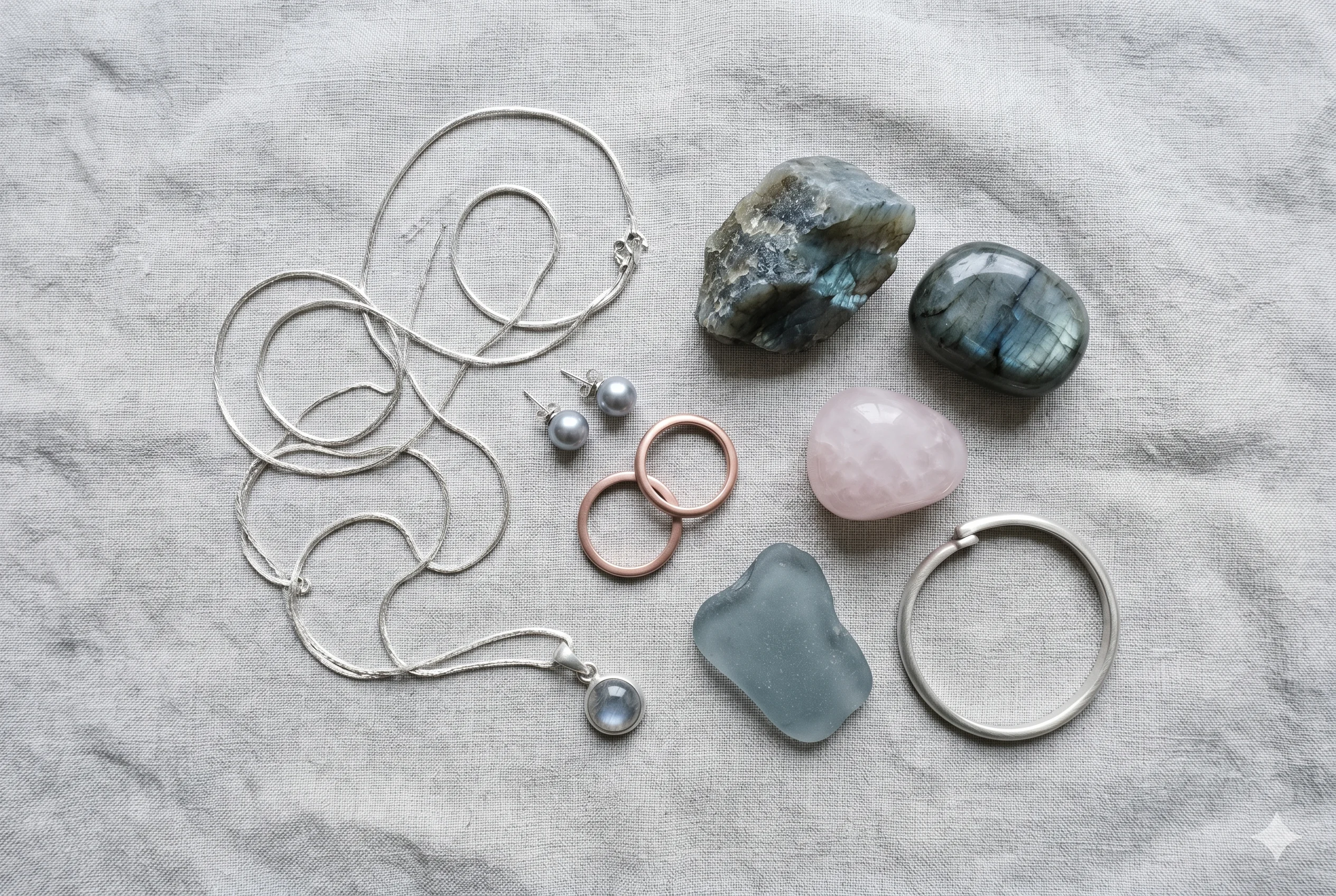 Soft Summer jewelry edit flat-lay — brushed silver chain, grey pearl earrings, cool pink rose-gold ring, grey moonstone pendant, labradorite, and rose quartz on aged grey linen — illustrating the complete Soft Summer jewelry palette