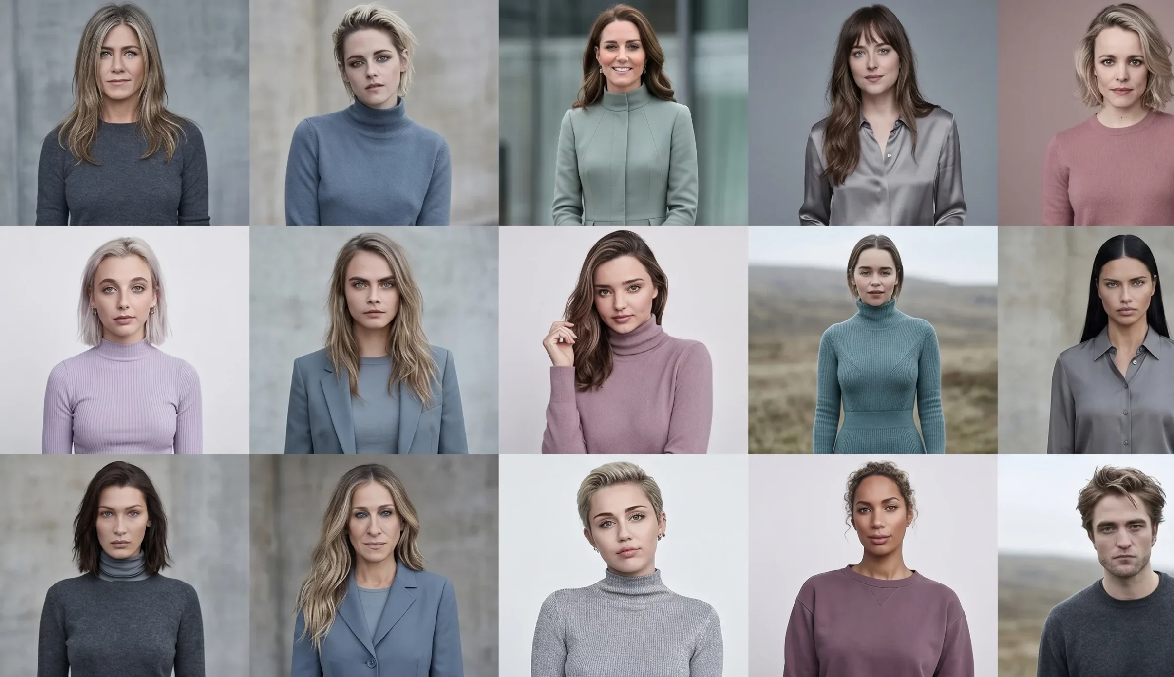 Frequently identified Soft Summer celebrities include Jennifer Aniston, Kristen Stewart, Kate Middleton, Dakota Johnson, Rachel McAdams, Emma Chamberlain, Cara Delevingne, Miranda Kerr, Emilia Clarke, Adriana Lima, Bella Hadid, Sarah Jessica Parker, Miley Cyrus, Leona Lewis, and Robert Pattinson. All share the same three visual markers: a cool undertone (skin reads ashy or pink-cool rather than golden), a muted low-saturation quality to all features, and low-to-medium contrast between hair, skin, and eyes.