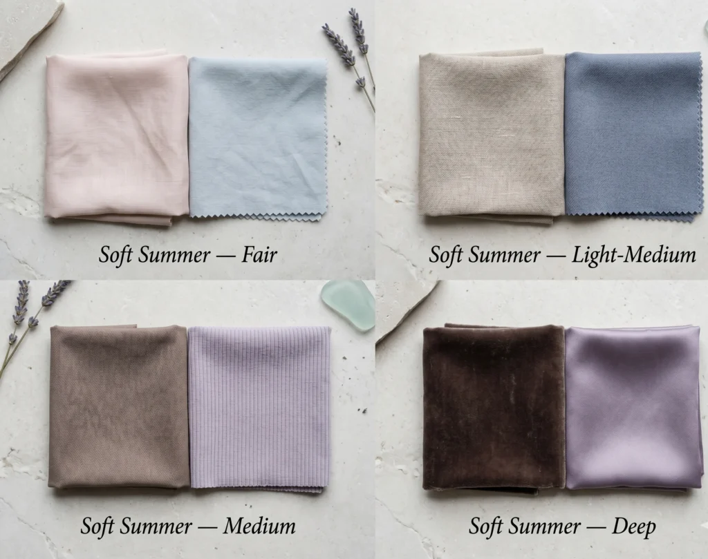 Four paired fabric swatches showing Soft Summer colouring across four skin depths — fair cool-pink, light-medium neutral beige, medium cool brown, and deep cool brown — each harmonising with a Soft Summer palette colour, illustrating diverse soft summer celebrity colouring