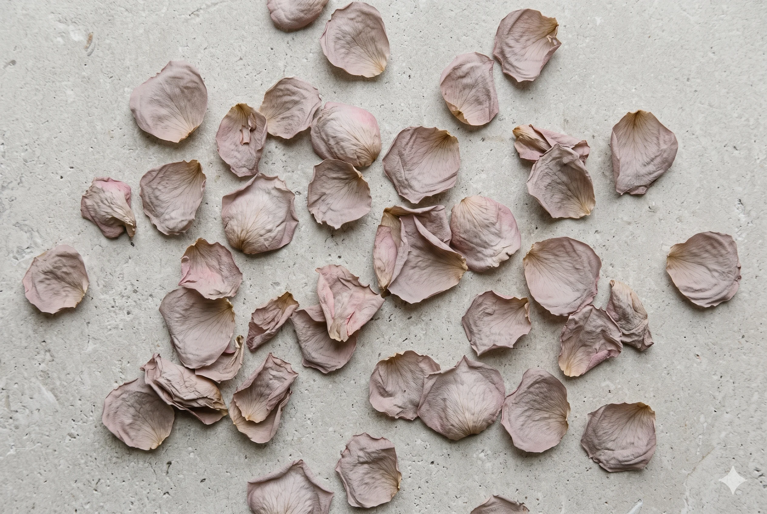  Dried rose petals in muted greyed dusty rose tones on pale stone — hero image for Soft Summer's Blush Clay colour #D9C8C5, the palette's first rose-family neutral swatch.