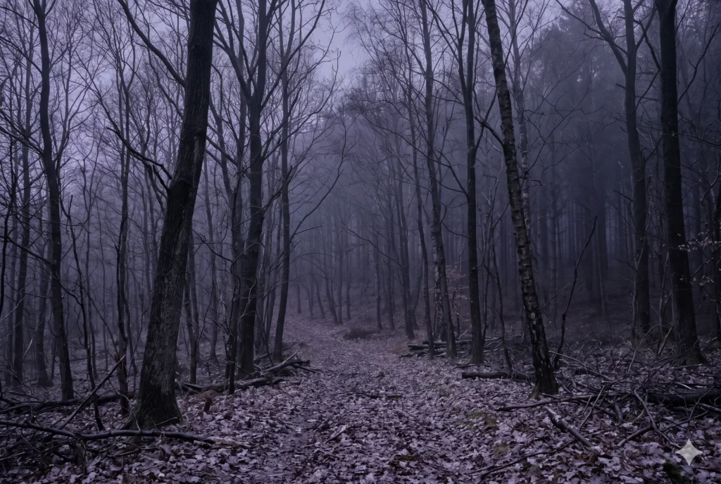 Autumn woodland at the hour before dusk in deep cool violet-grey light, matching the atmospheric tone of Soft Summer's Dusky Violet colour #ACA6B8 — the palette's deepest cool accent in its natural habitat.