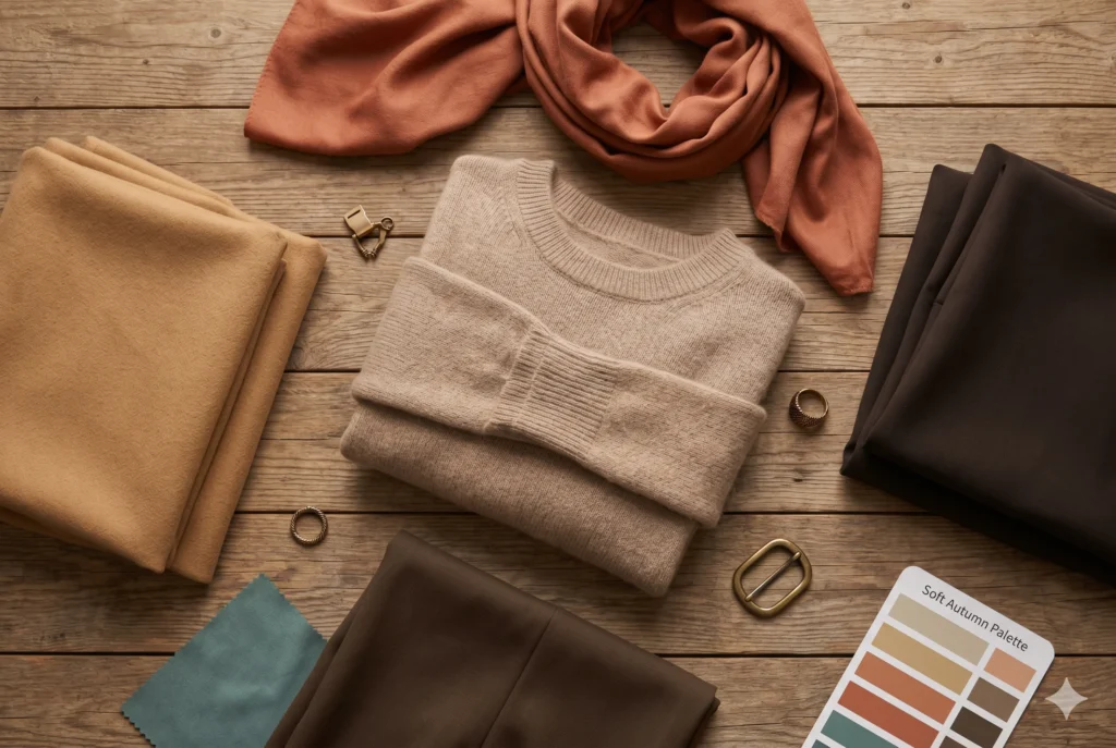 Soft Autumn capsule wardrobe flat-lay showing warm taupe knitwear, terracotta scarf, camel coat fabric, walnut trousers, muted teal accent, antique-bronze accessories, and espresso blazer fabric — illustrating the complete soft autumn clothing palette"