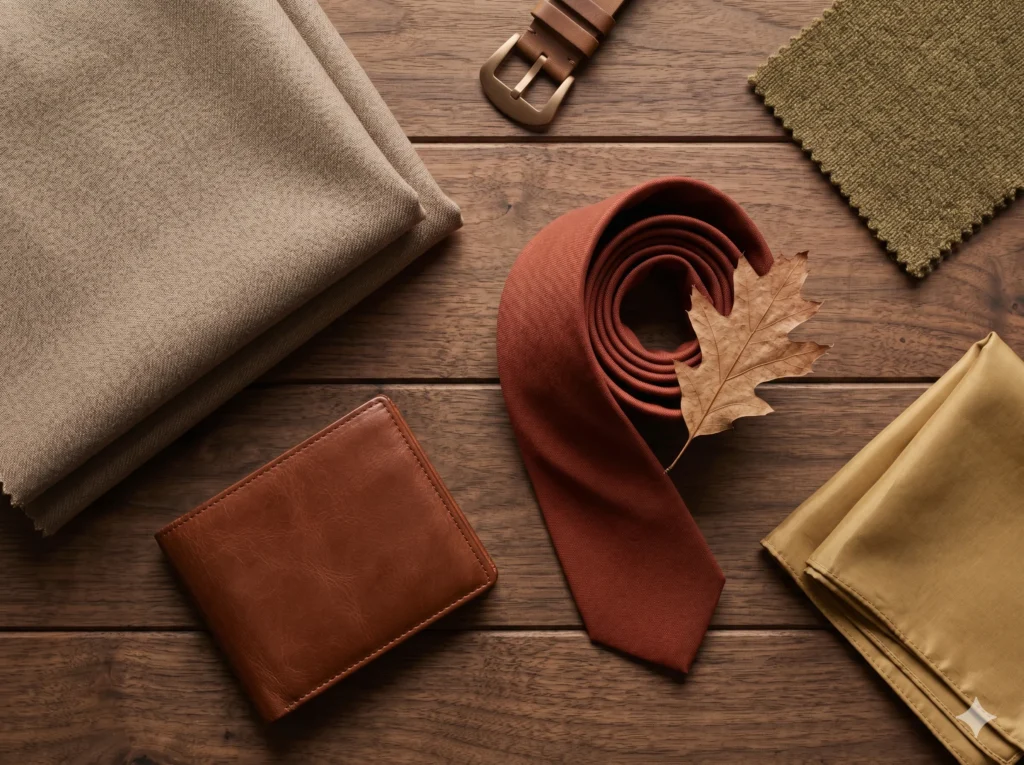 oft Autumn menswear still life showing warm taupe wool suiting, brick-red silk tie, brushed bronze watch buckle, chestnut leather wallet, olive knitwear swatch, and muted gold pocket square — illustrating the soft autumn color palette for men"