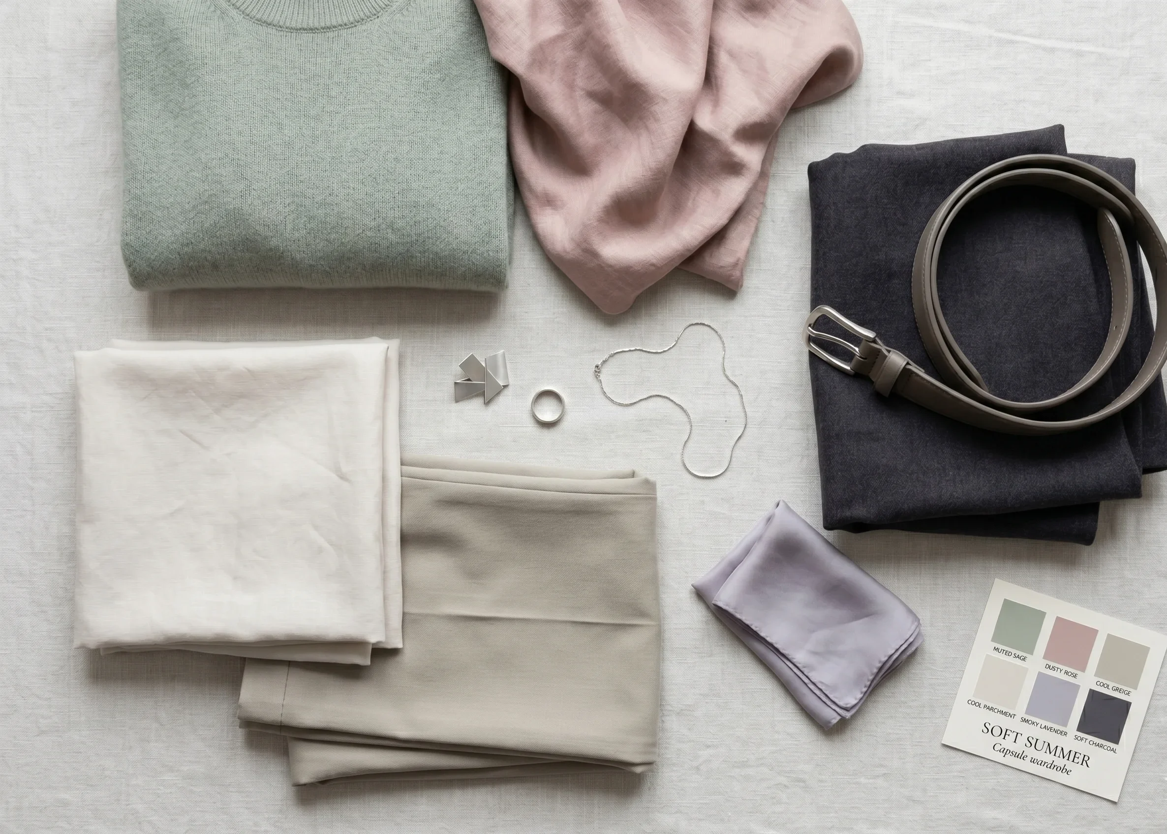 Soft Summer capsule wardrobe flat-lay showing muted sage knitwear, dusty rose linen, cool parchment shirt fabric, cool greige trousers, smoky lavender scarf, brushed silver accessories, and soft charcoal jacket — illustrating the complete soft summer clothing palette