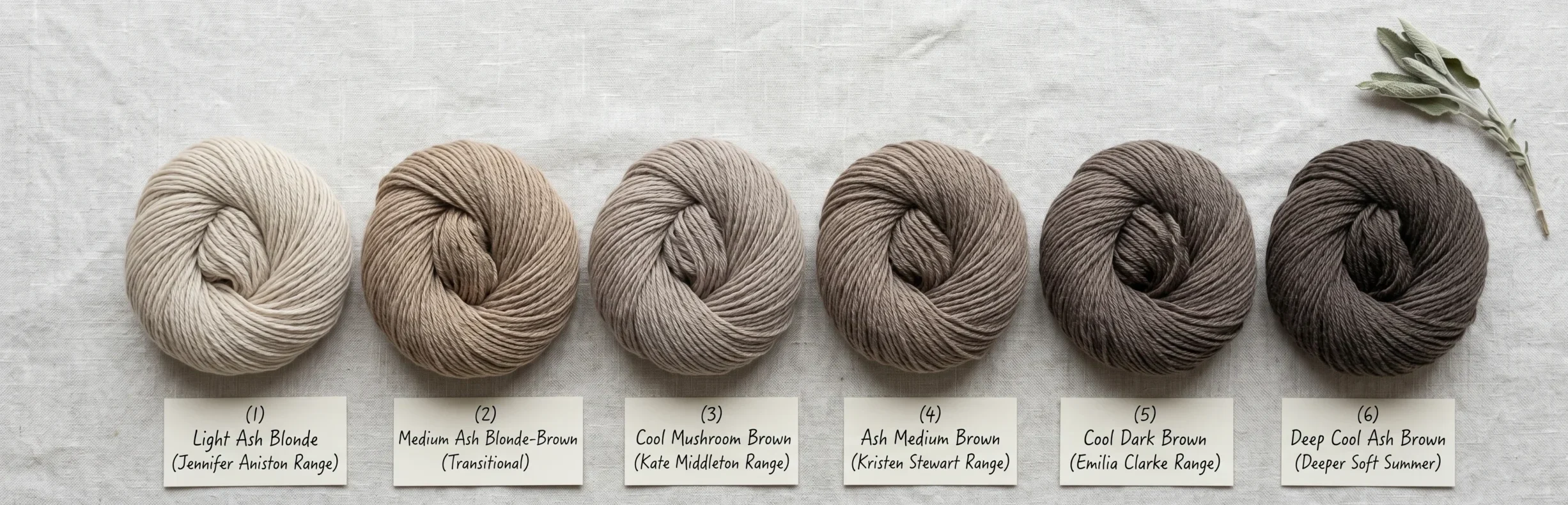 Six yarn hanks showing the complete Soft Summer celebrity natural hair tone range from light ash blonde to deep cool ash brown — all ashy and cool-toned — illustrating soft summer celebrities' characteristic hair colour quality