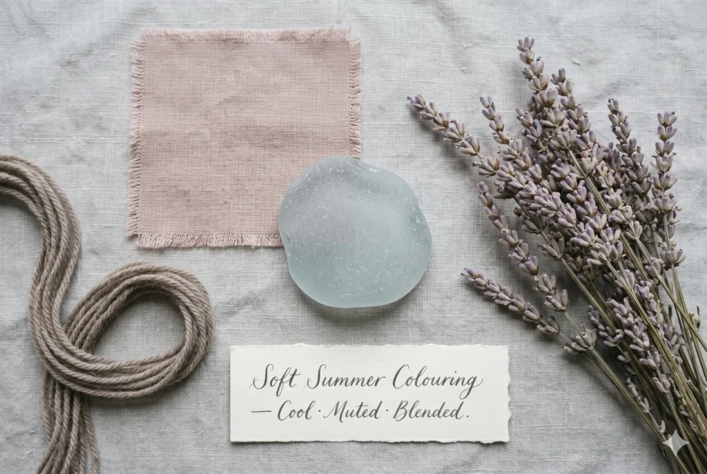 Natural objects illustrating Soft Summer celebrity colouring — grey-blue sea glass representing Soft Summer eyes, dusty rose linen for cool-pink skin undertone, ash-brown yarn for mushroom-brown hair, and dried lavender for the season's muted-cool palette — a celebrity colour analysis visual guide
