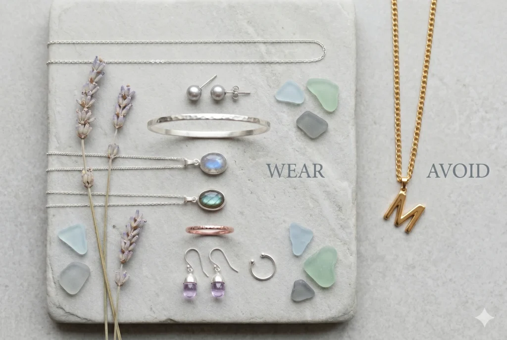 Complete Soft Summer jewelry edit showing brushed silver chain, grey pearl studs, hammered silver bangle, moonstone pendant, labradorite piece, cool pink rose-gold ring, and pale amethyst earrings (all 'wear') with a warm yellow gold piece positioned as 'avoid' — the definitive soft summer jewelry palette guide