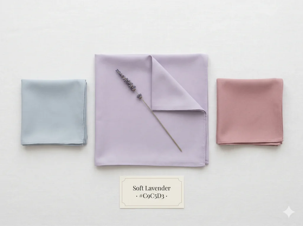 Soft Lavender fabric square flanked by Misty Blue-Grey and dusty rose swatches on pale linen — illustrating the wardrobe bridge role of this greyed lavender neutral in the Soft Summer colour palette.