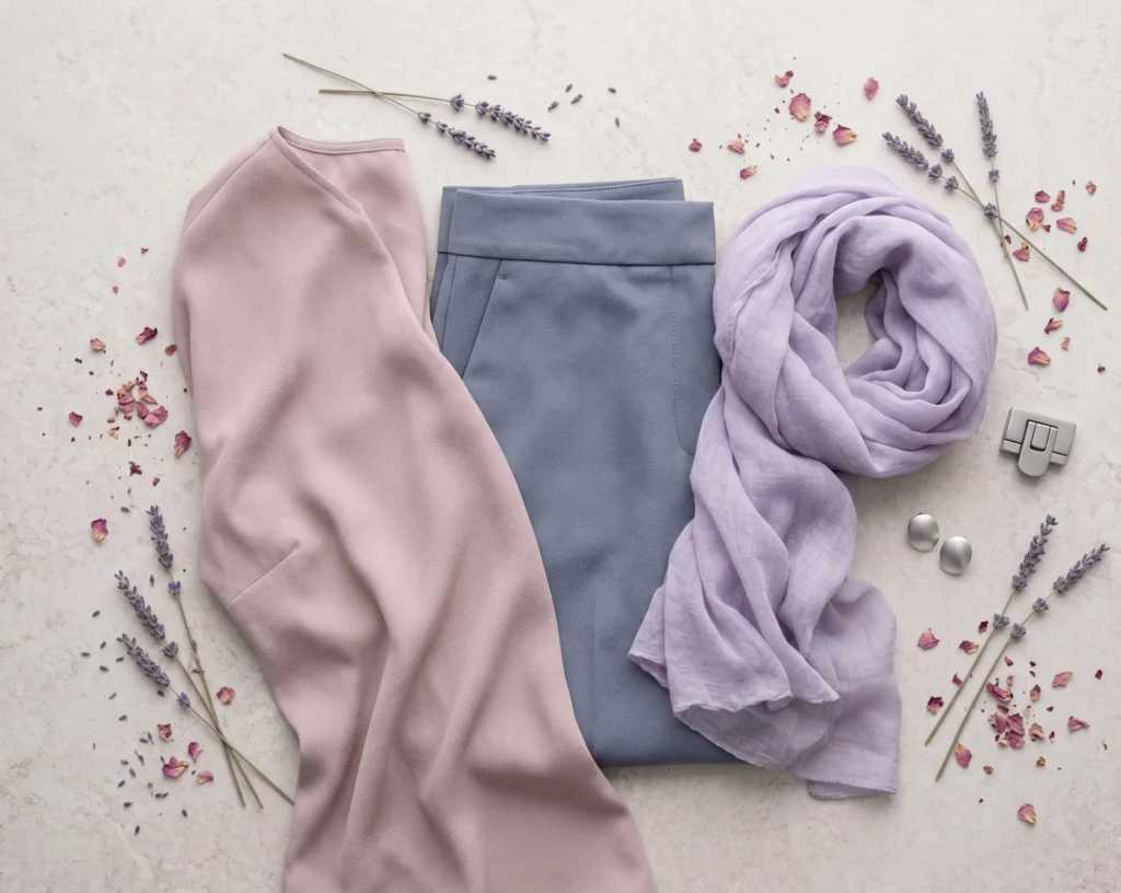 "Soft Summer outfit formula flat-lay showing dusty rose blouse fabric, slate blue-grey trouser fabric, soft lavender scarf, and brushed silver earrings — with natural dried lavender and rose petals echoing the palette — illustrating a Soft Summer accent-led day outfit