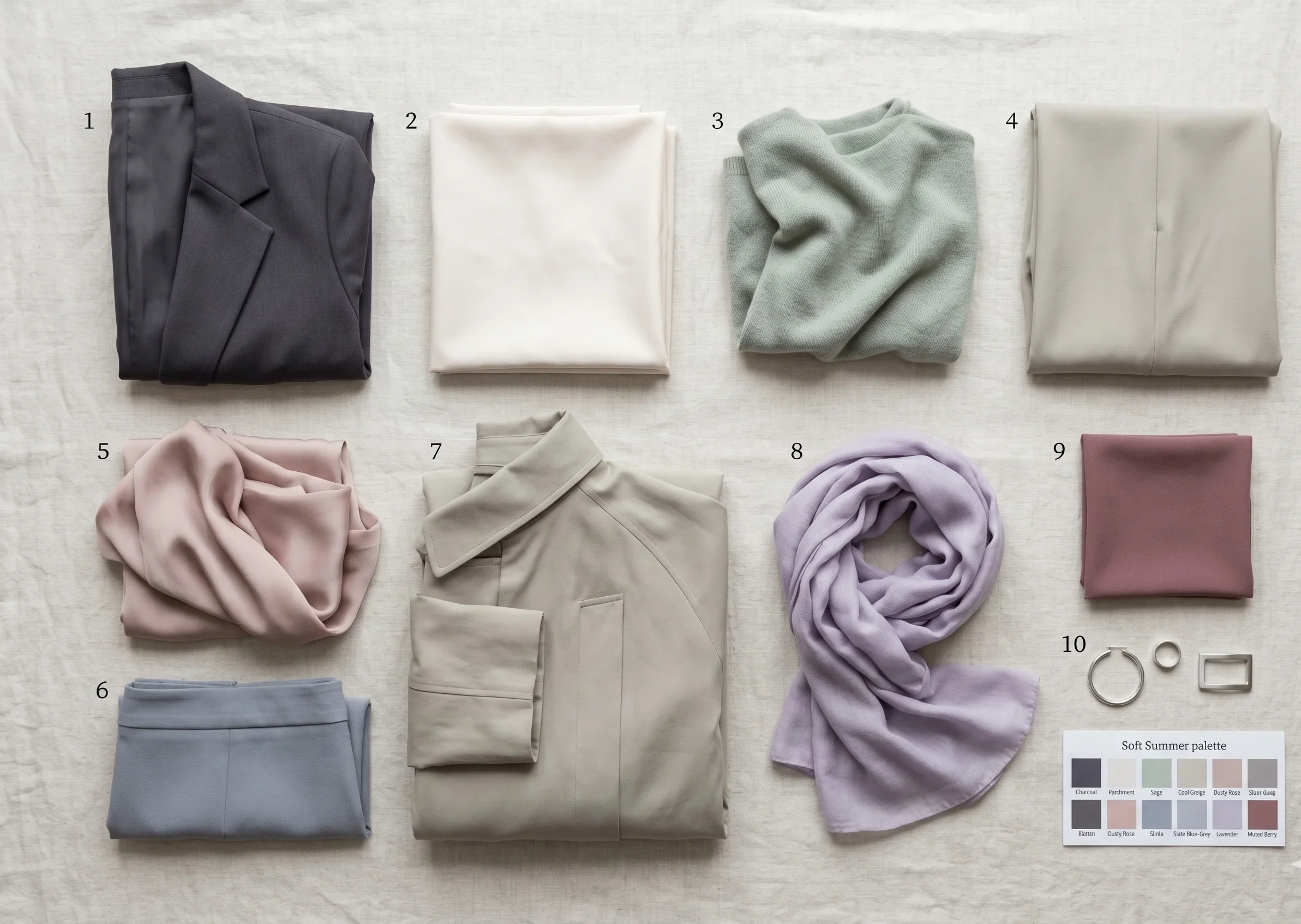 Soft Summer capsule wardrobe 10 key pieces shown as fabric swatches and folded textiles — soft charcoal blazer, parchment shirt, muted sage knit, cool greige trousers, dusty rose blouse, slate blue skirt, trench-weight fabric, lavender scarf, muted berry occasion piece, brushed silver accessories — complete soft summer clothing capsule"