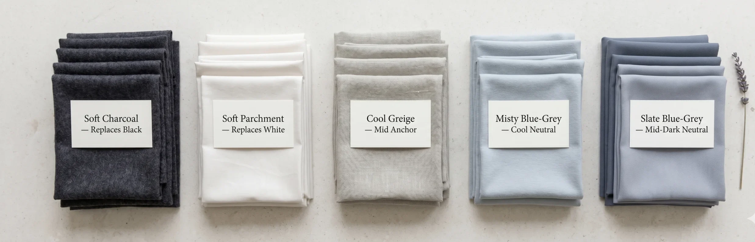 Five folded fabric stacks showing the Soft Summer wardrobe neutrals — soft charcoal (replaces black), soft parchment (replaces white), cool greige, misty blue-grey, and slate blue-grey — the complete Soft Summer neutral base for a capsule wardrobe