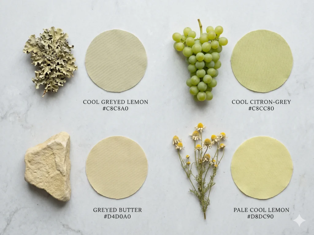 Four natural objects representing correct Soft Summer yellow shades — grey-green lichen for cool greyed lemon, unripe grapes for cool citron, pale weathered sandstone for greyed butter, and dried chamomile for pale cool lemon — showing the narrow yellow zone that works for Soft Summer