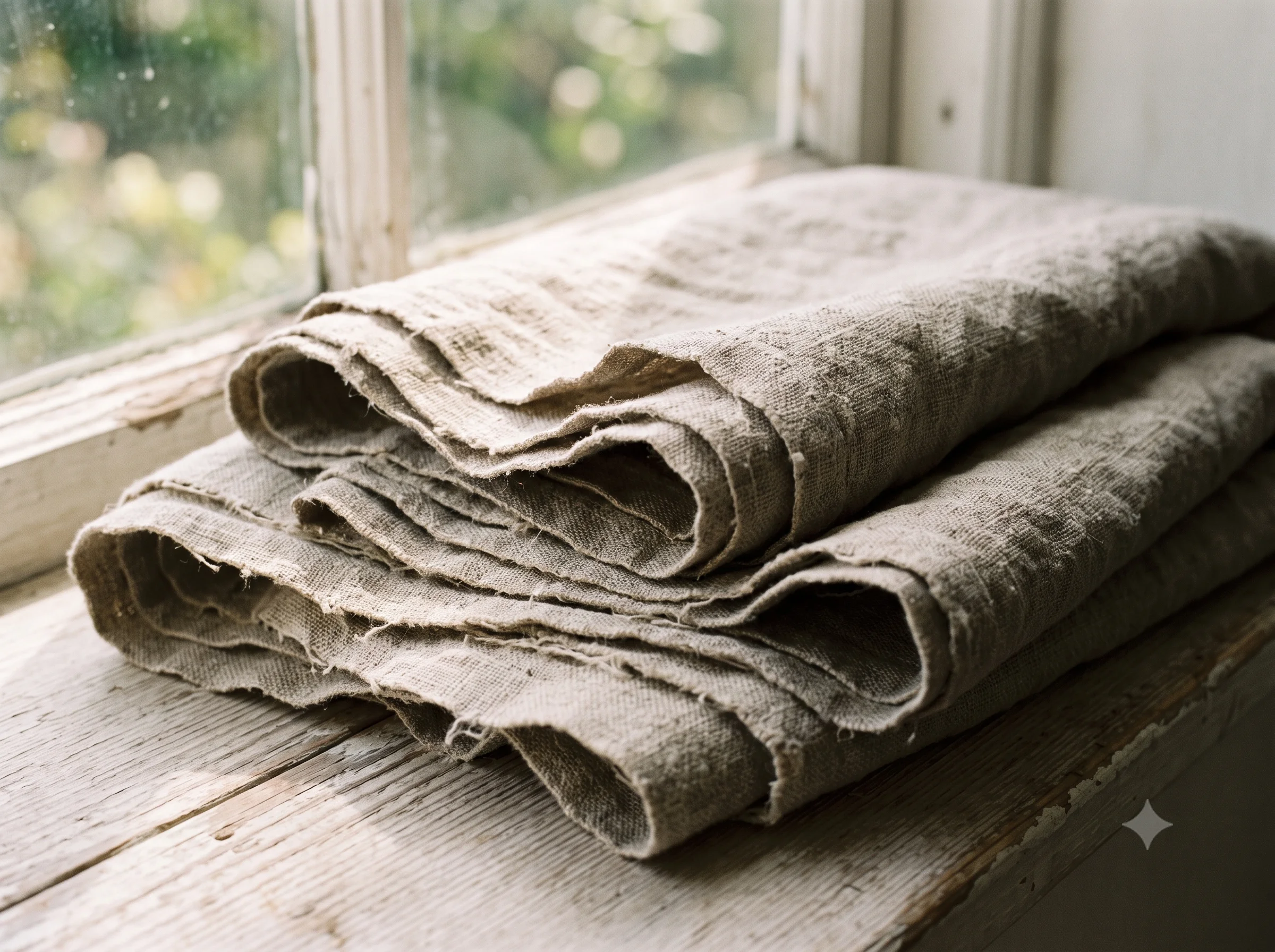 Sun-aged raw linen folded on a wooden windowsill in warm dusted beige-grey tones matching Soft Parchment #C4C0B0 — textile reference for the colour's natural, gradually warmed quality.

