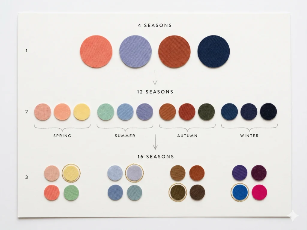 Diagram showing the evolution from 4-season to 12-season to 16-season color analysis system using fabric swatch circles