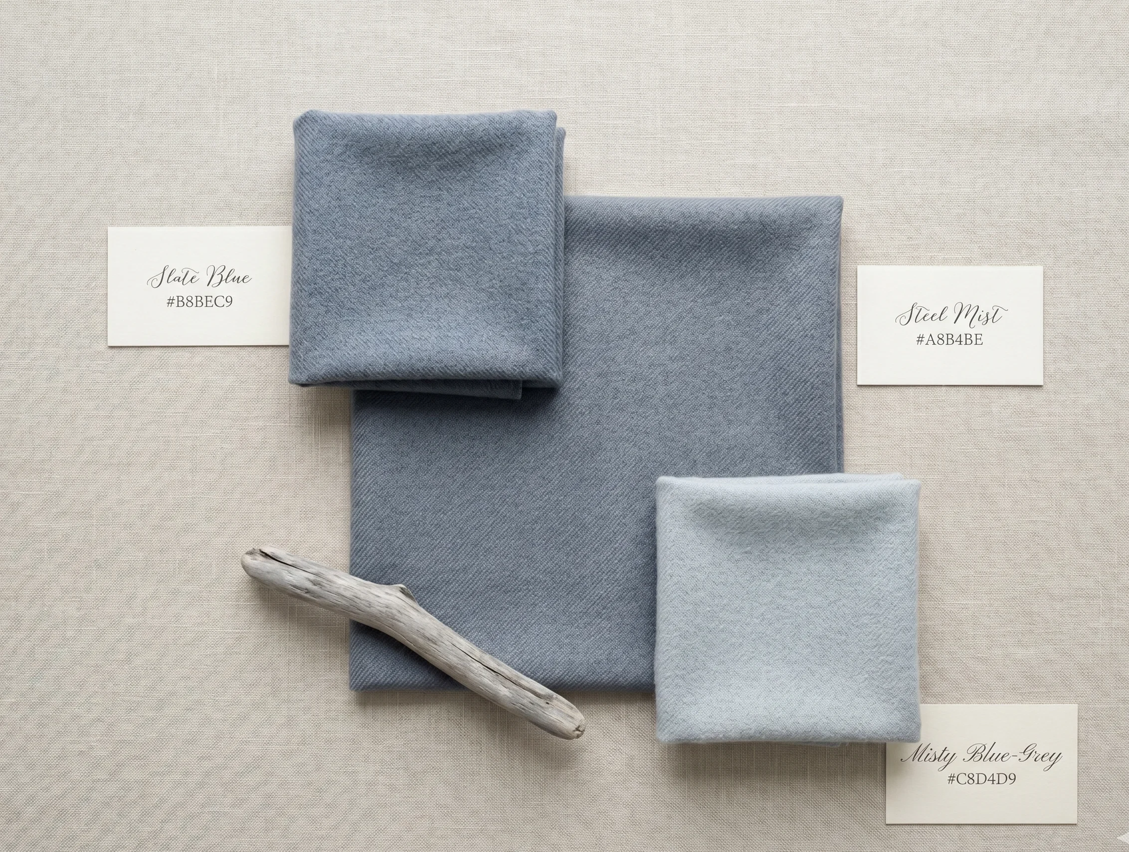 Three folded wool fabric squares — Steel Mist, Slate Blue, and Misty Blue-Grey — arranged together as the completed Soft Summer cool-neutral trio, with label cards and driftwood accent.