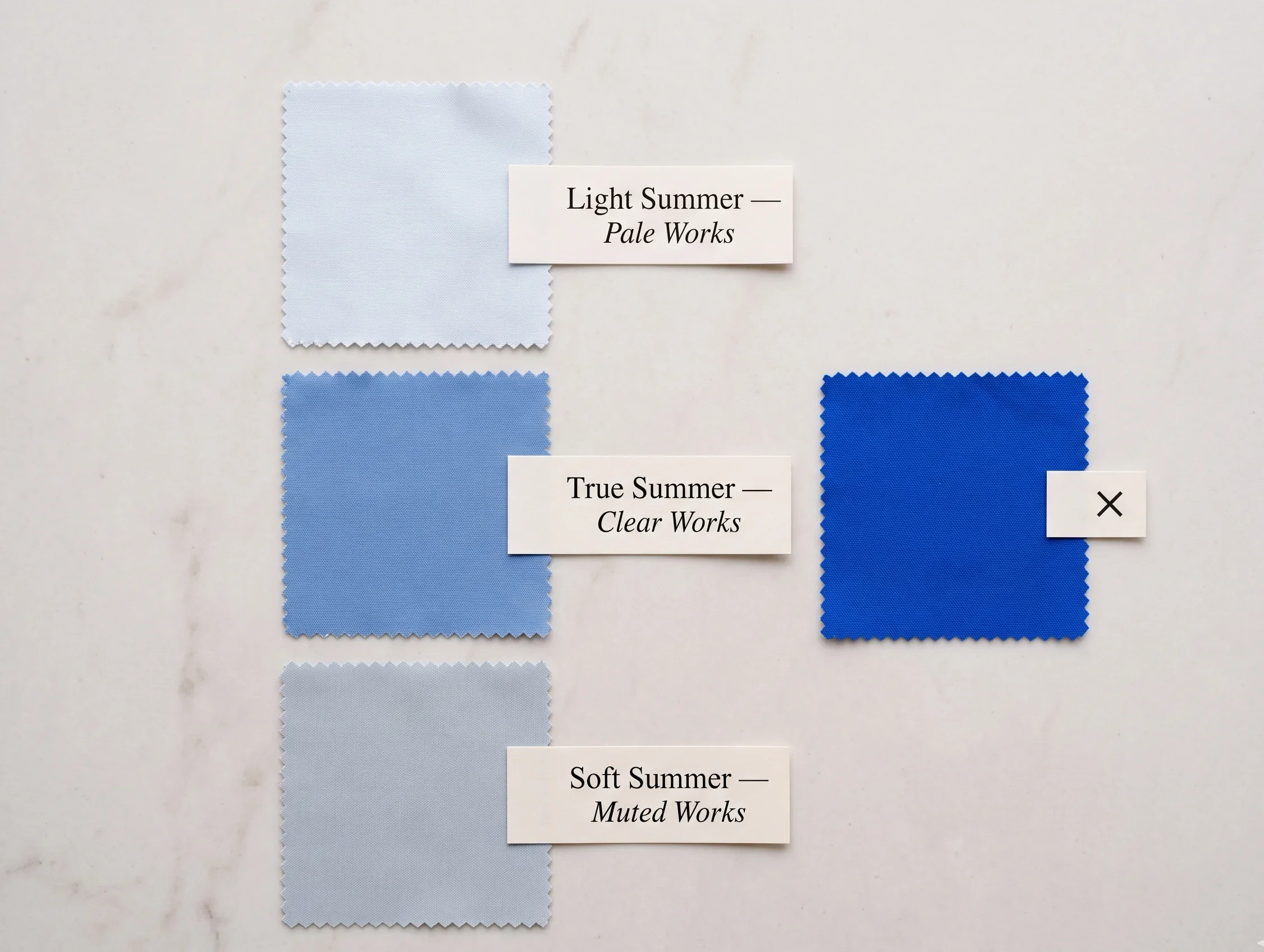 Three summer sub-season drape test fabric swatches — pale icy blue for Light Summer, clear cornflower blue for True Summer, and muted grey-blue for Soft Summer — with a vivid cobalt blue shown with a cross indicating it overwhelms all three sub-seasons