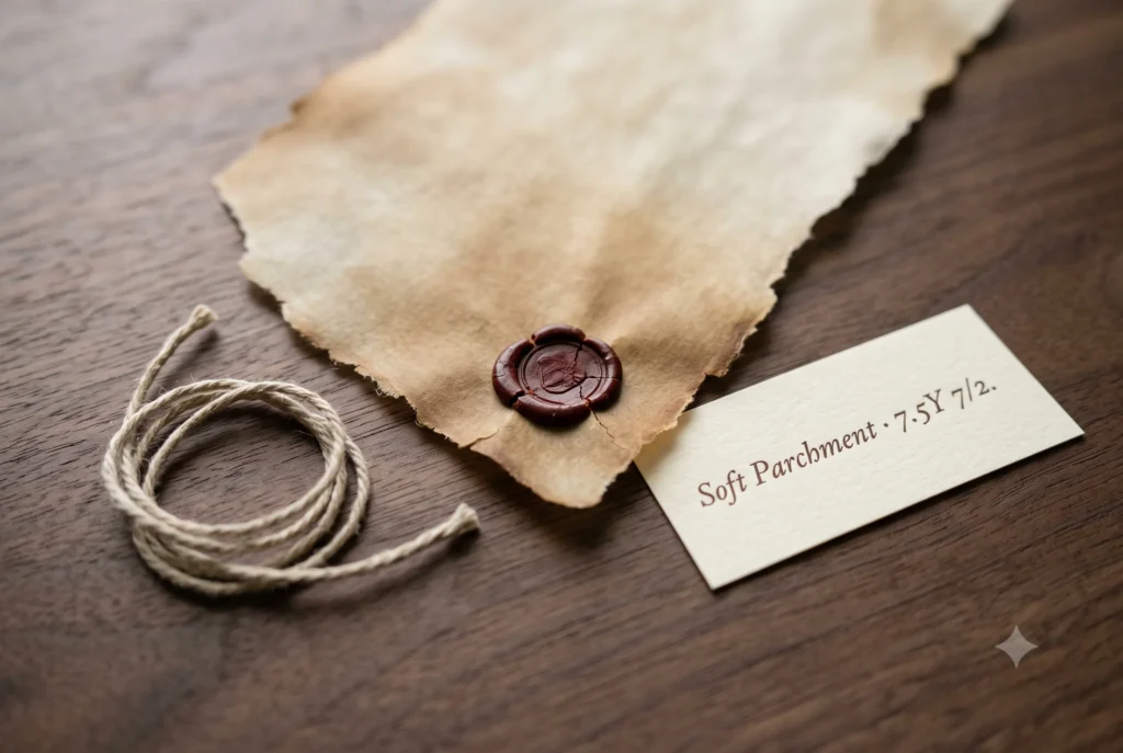 Torn vellum fragment with an aged wax seal and Munsell label card reading Soft Parchment 7.5Y 72 — final colour validation image for the Soft Summer palette's deepest warm-neutral swatch.