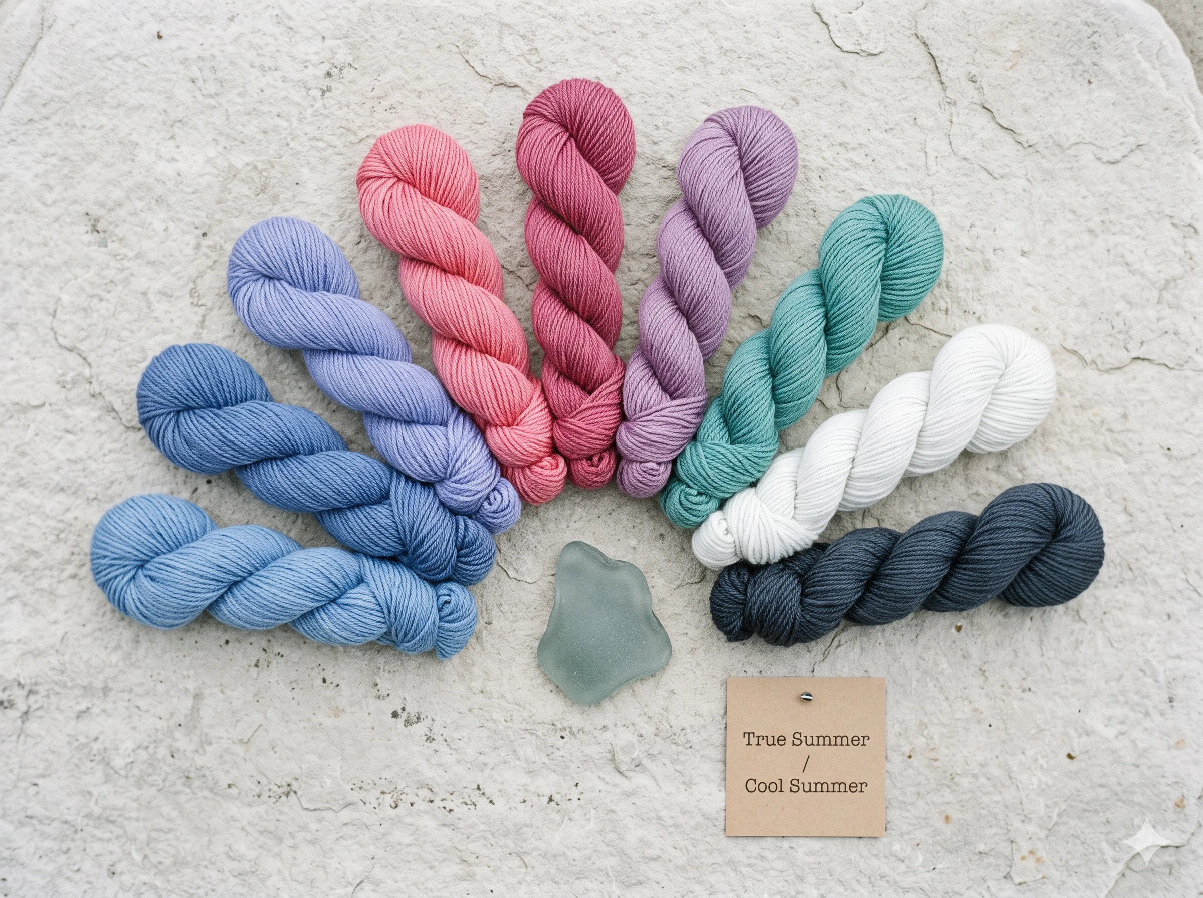 True Summer color palette shown as eight yarn hanks in a fan formation — cornflower blue, periwinkle, watermelon pink, raspberry, soft plum, cool teal, cool white, charcoal navy — all clearly nameable at medium saturation with a cool sea glass at centre