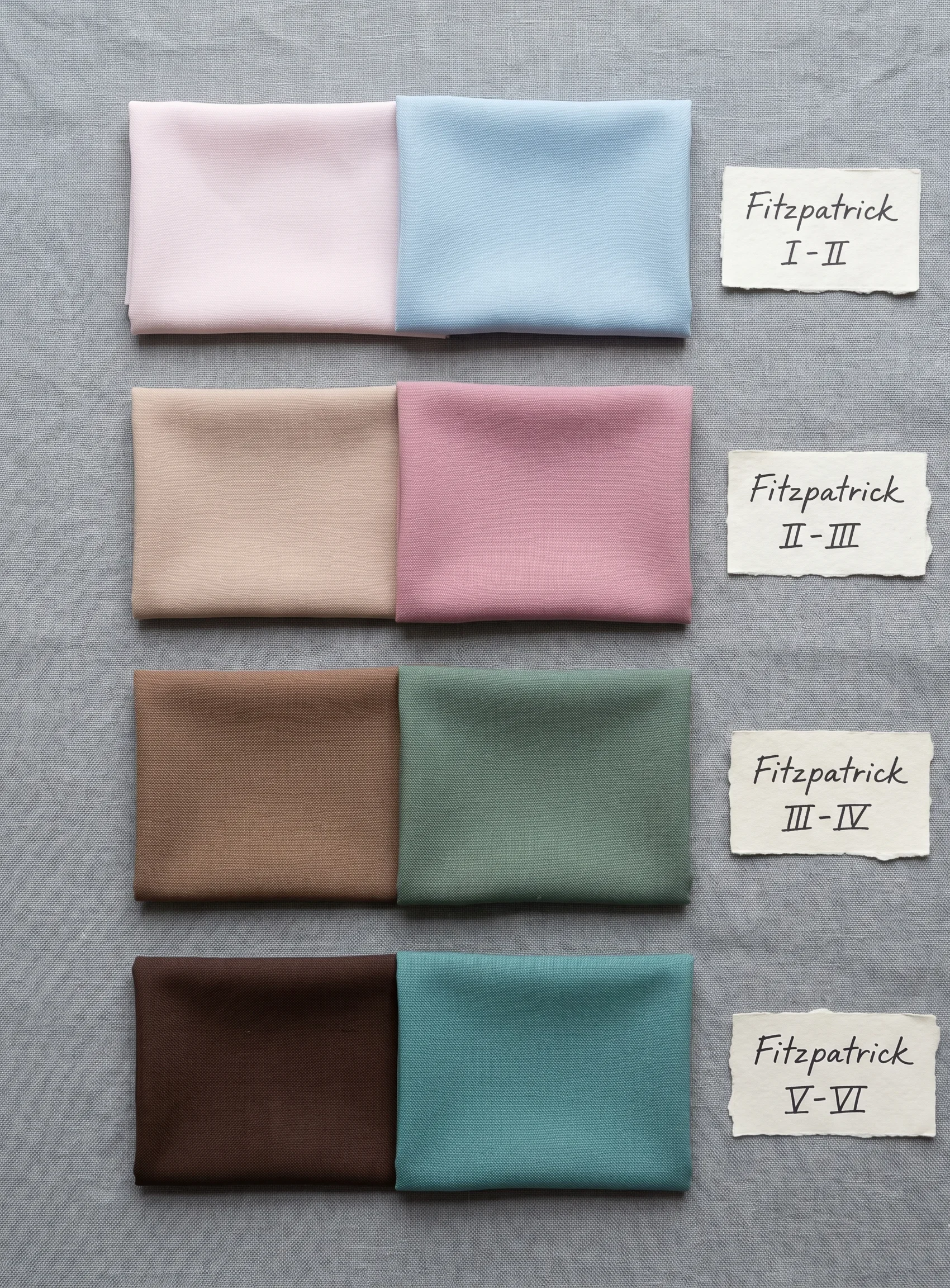 True Summer color calibration matrix across four Fitzpatrick skin depths—showing cool porcelain, light-medium, medium-olive, and deep cool brown skin-tone fabrics harmonized with their correct True Summer colours.