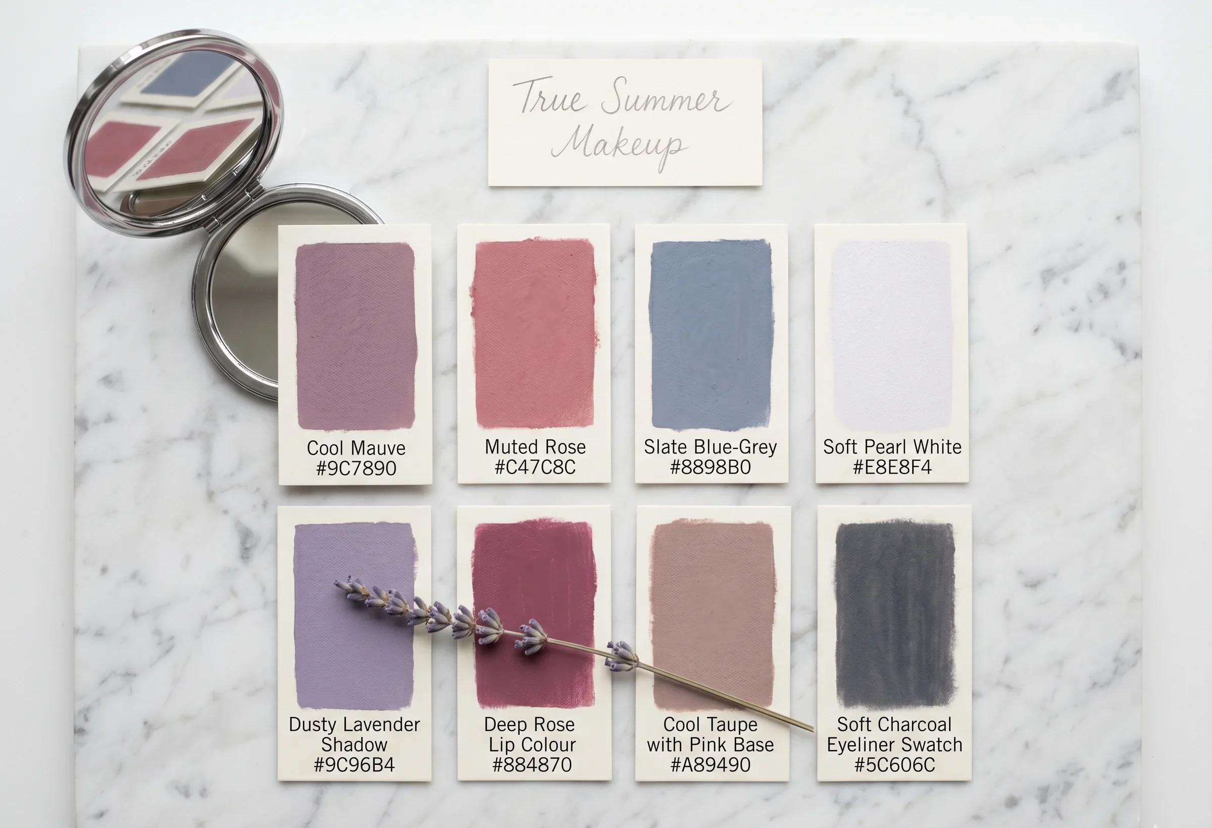 "True Summer makeup flat-lay on white marble featuring a cool rose lipstick, soft slate eyeshadow, pearl highlighter, and charcoal eyeliner with fresh lavender."