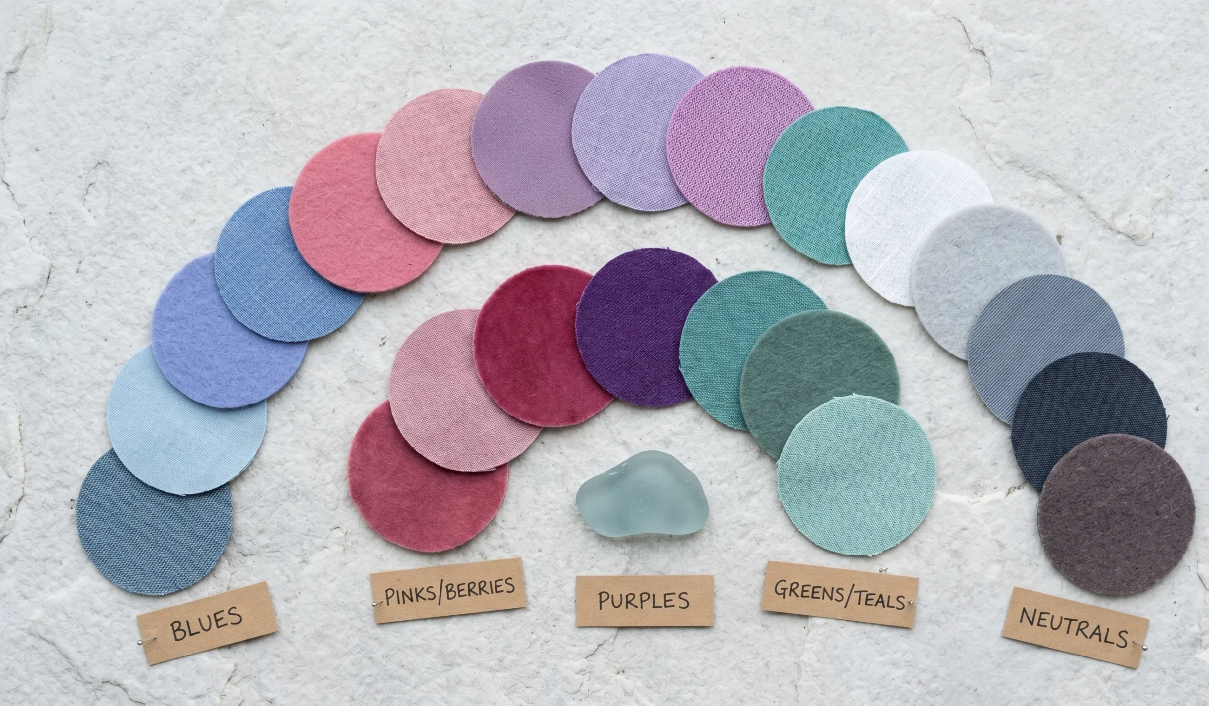 Complete True Summer color palette shown as a fanned arrangement of eighteen fabric swatches organised into blues, pinks, purples, greens, and neutrals — cornflower blue, watermelon pink, cool teal, soft lavender, and charcoal navy among the cool, clear, medium-saturation colours