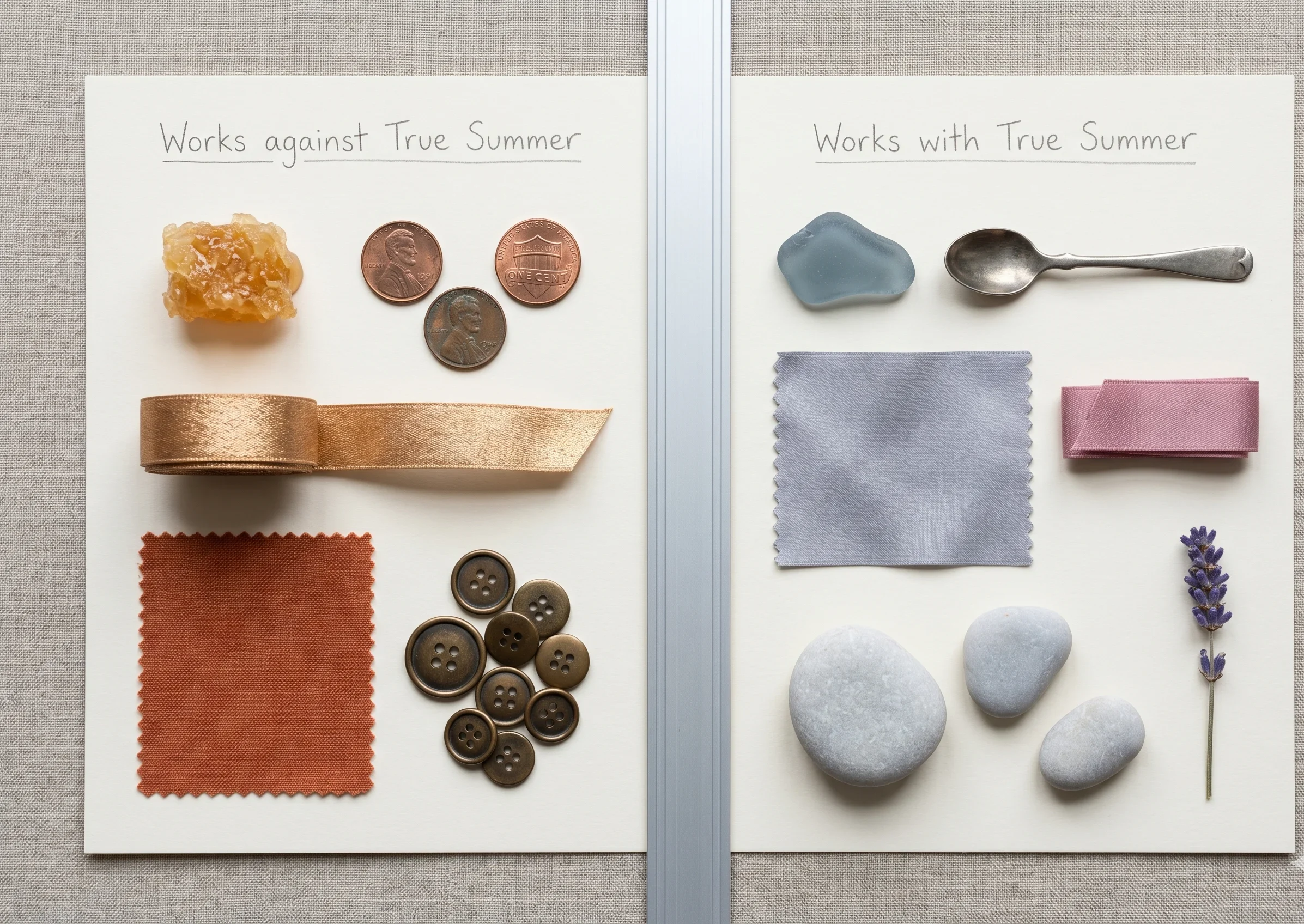 Side-by-side demonstration of warm versus cool tones for True Summer colour analysis — copper and amber on the wrong side, sea glass and cool grey on the right side