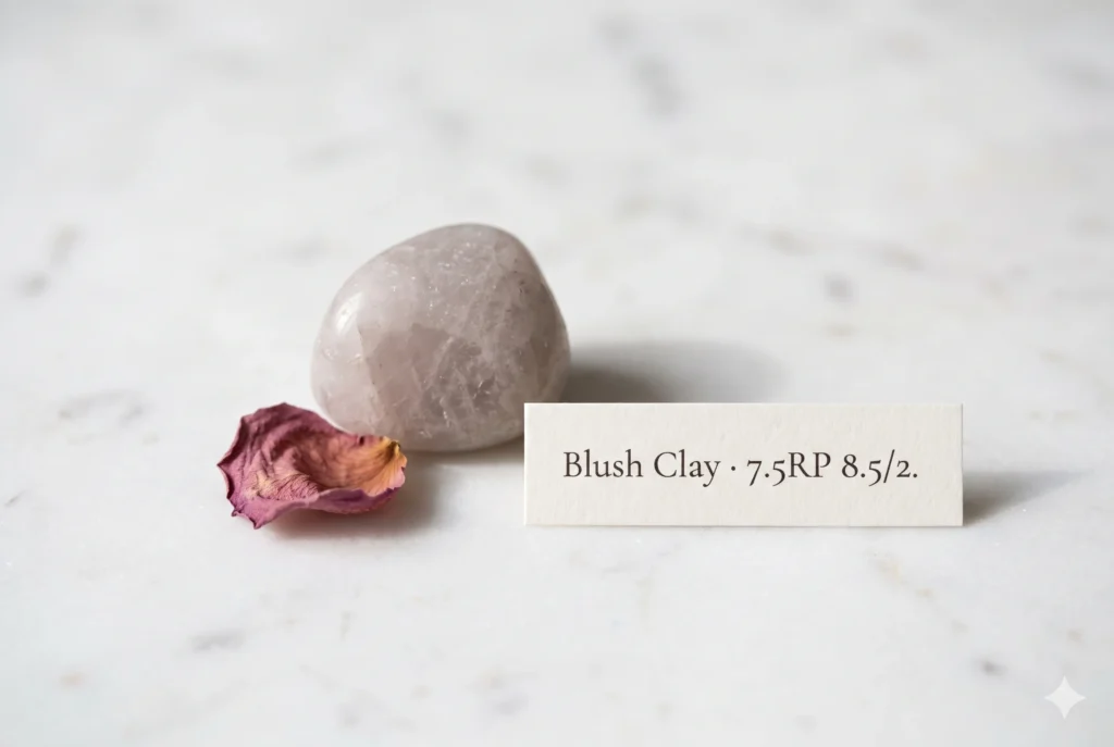 Tumbled rose quartz in natural pale grey-pink tone on white marble with Munsell label card — colour validation for Blush Clay as an official Soft Summer rose-wing neutral at hex #D9C8C5.