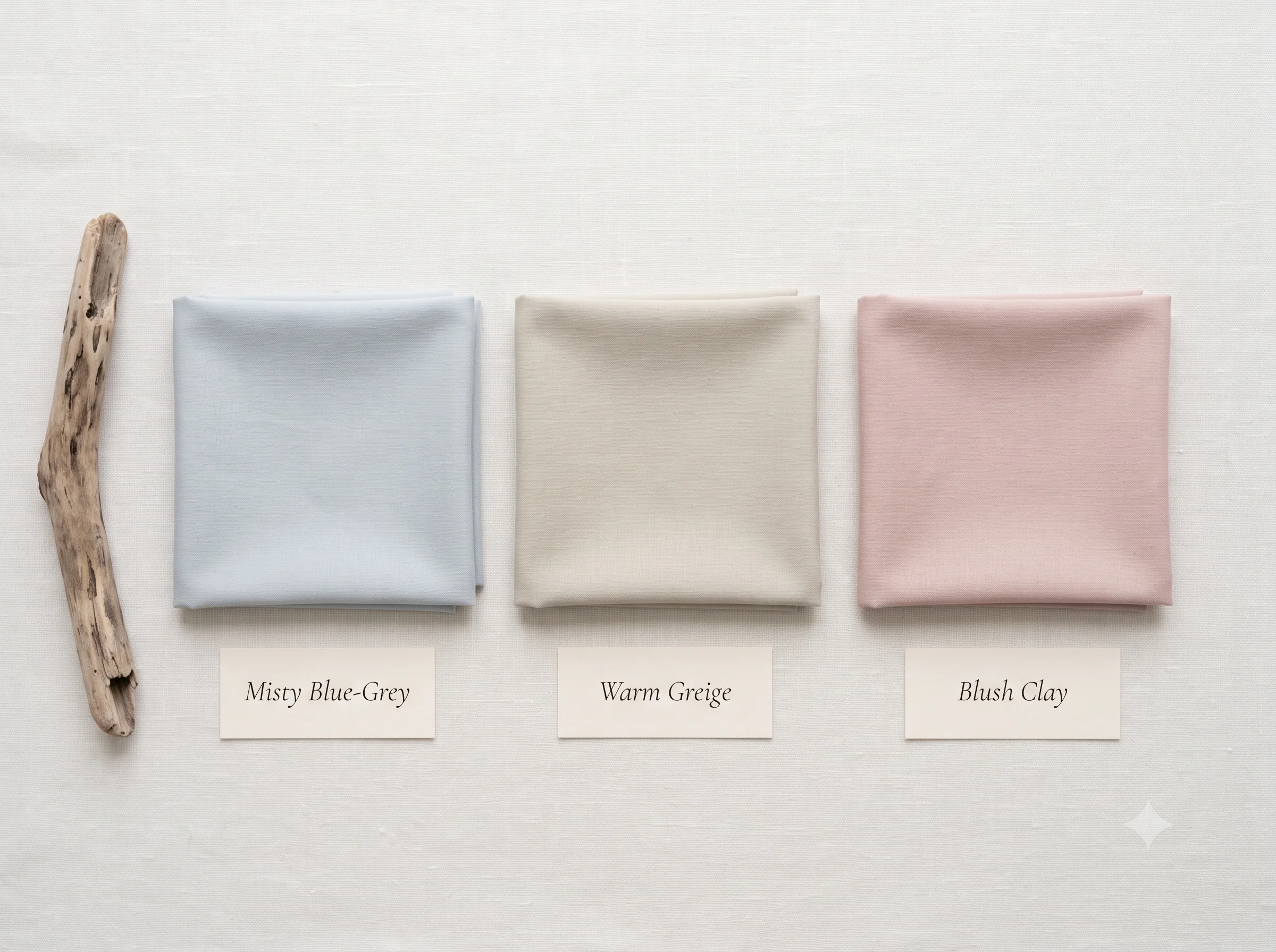 Warm Greige fabric square centred between Misty Blue-Grey and Blush Clay — three squares showing the Soft Summer palette's warm and cool poles side by side, with Warm Greige as the warm-neutral bridge between them.