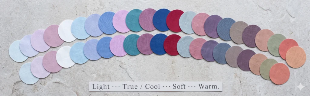 Wide panoramic arc of thirty cool-toned fabric swatches showing the full summer color palette spectrum from very pale light summer pastels through medium-depth true summer blues to muted soft summer greys and the warmer edge of warm summer — illustrating how the summer colour analysis family spans from light to deep and cool to warm-neutral
