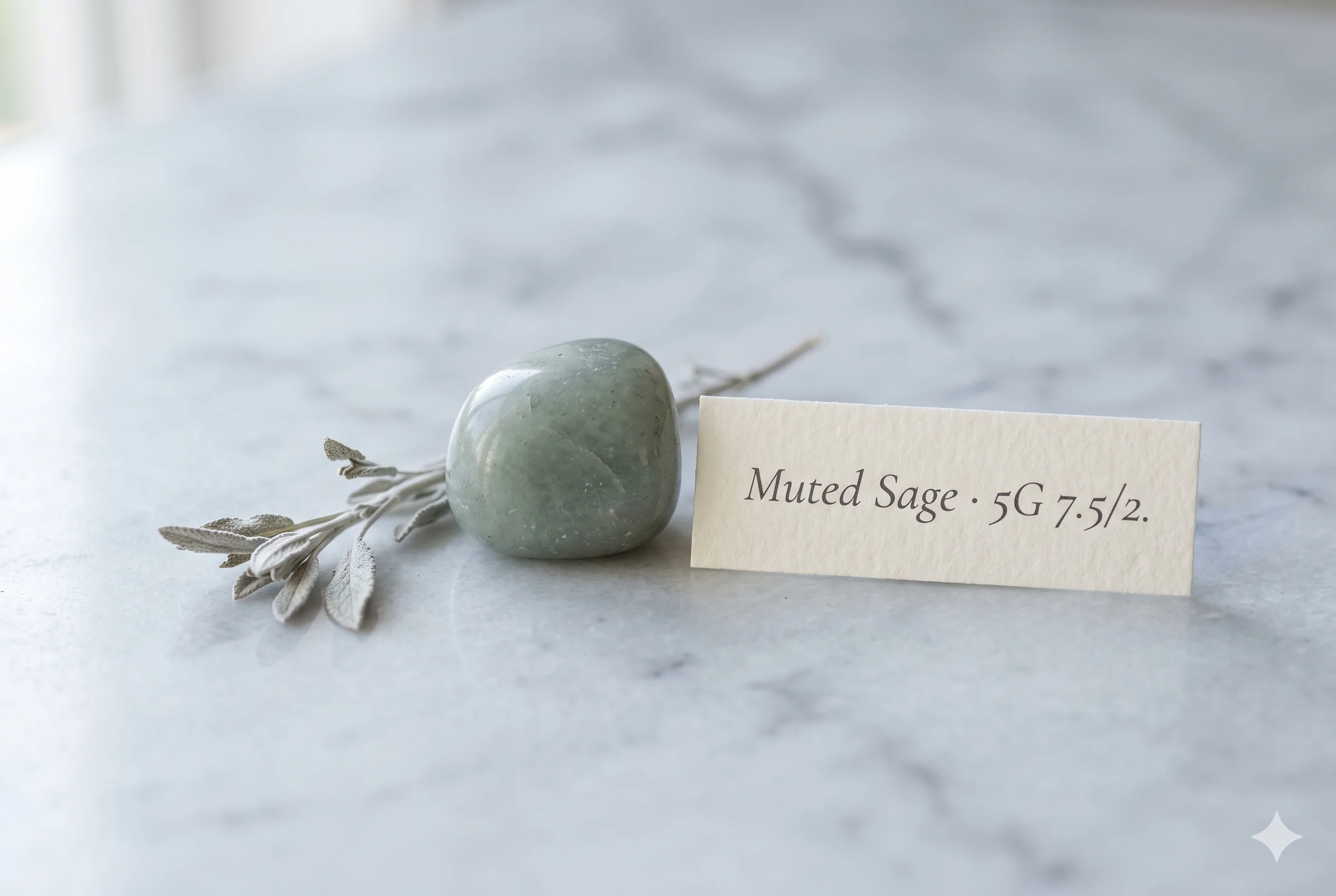  Small tumbled green aventurine stone in cool grey-green tone on pale grey marble with Munsell label card — colour validation for Muted Sage Green #B8C4BA as an official Soft Summer green-wing neutral.