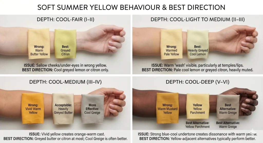 soft summer skin tones illustration with different shades of yellow ,what soft summers can wear ,what to avoid .