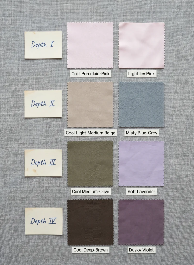 Soft and Light Summer color calibration matrix across four Fitzpatrick skin depths—showing cool porcelain, light-medium, medium-olive, and deep cool brown skin-tone fabrics harmonized with their correct seasonal swatches.