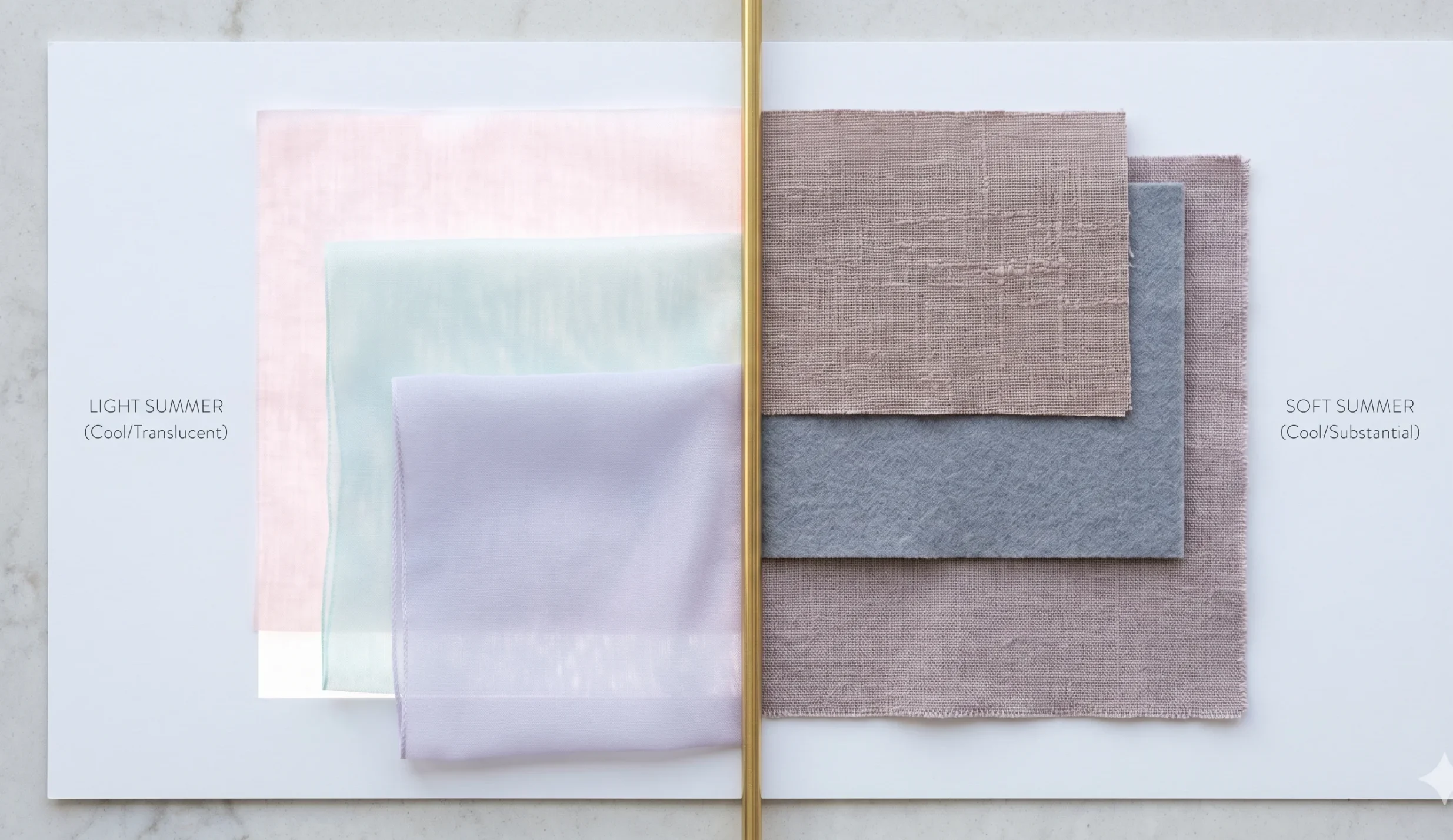 Textile texture comparison showing Light Summer's translucent, high-value pastels (left) versus Soft Summer's dusty, greyed-down medium-depth tones (right).