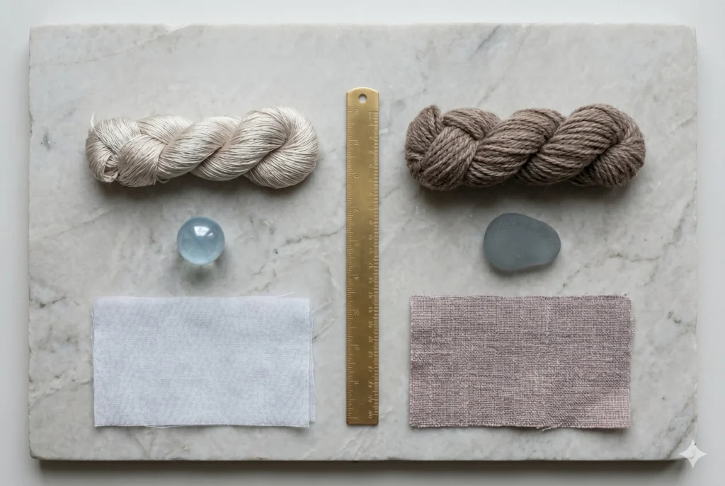 Side-by-side comparison of Light Summer (ash-blonde silk, pale blue glass, sheer white cotton) versus Soft Summer (mushroom-brown wool, frosted grey-blue sea glass, pink-grey linen) natural feature texture representations.