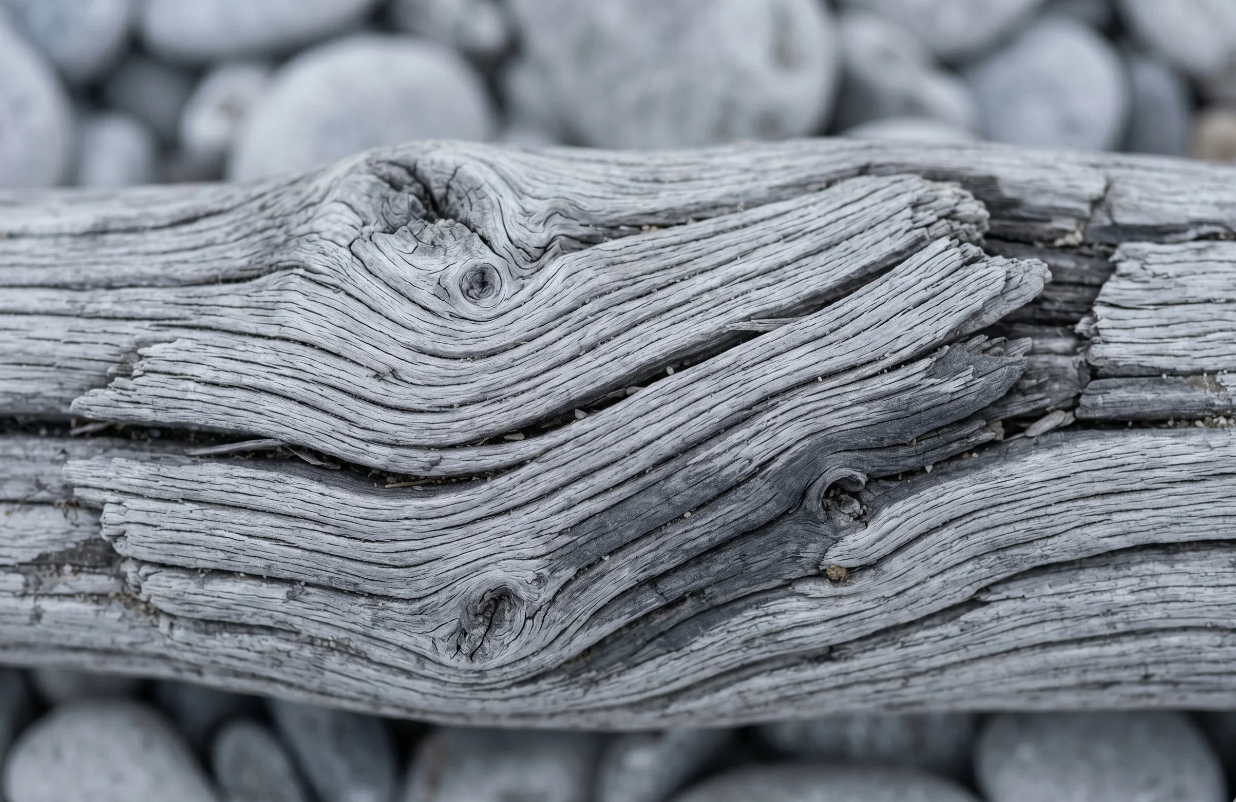Weathered, salt-bleached driftwood on pale grey shingle under flat overcast light, showing the cool, muted tone of Soft Summer's Steel Mist neutral colour #A8B4BE.