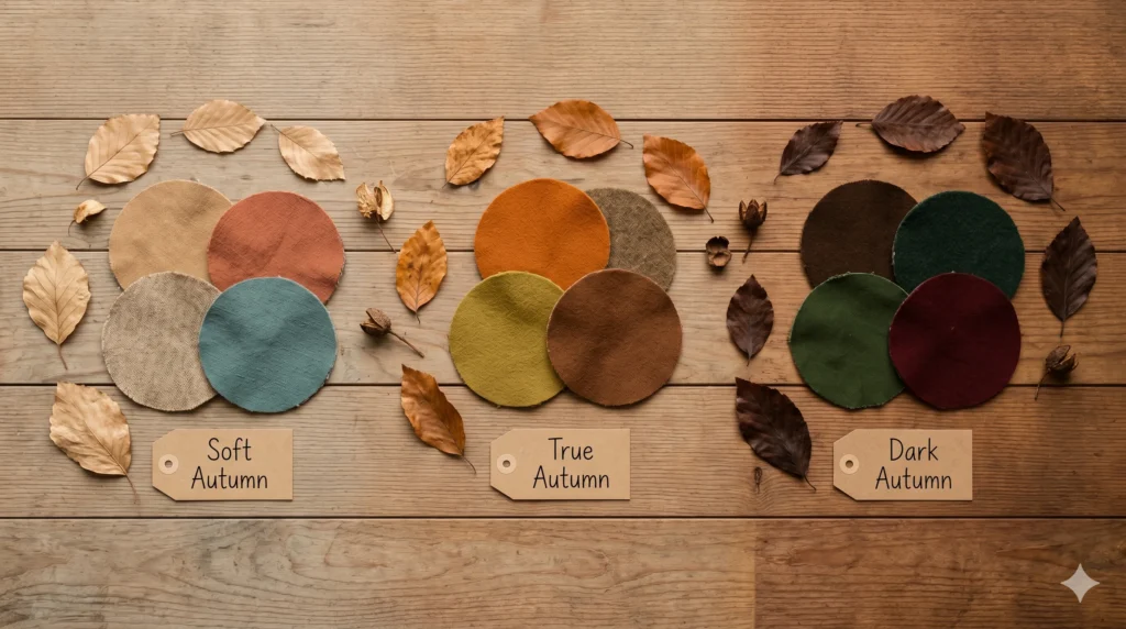 hree clusters of fabric swatches showing the Autumn family in the 16-season framework — Soft Autumn (muted camel, terracotta, teal), True Autumn (clear pumpkin, olive-gold, chestnut), and Dark Autumn (deep umber, forest, oxblood) — illustrating where the soft autumn color palette sits among its sister seasons