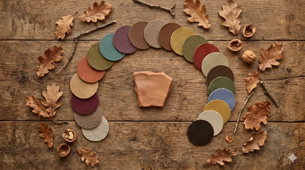 Complete Soft Autumn color palette shown as eighteen warm, muted fabric swatches fanned across weathered wood with dried oak leaves and walnut shells — terracotta, muted gold, olive, camel, and dusty plum among the warm-neutral colours