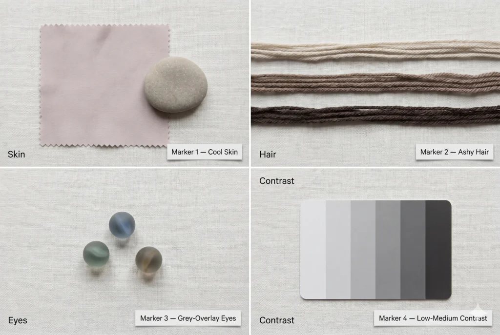 Four-quadrant flat-lay illustrating the Soft Summer celebrity identification markers — cool pink-grey skin fabric, ashy yarn hair tones, grey-overlay glass marble eyes, and low-medium contrast greyscale card — how to identify a Soft Summer celebrity through colour analysis