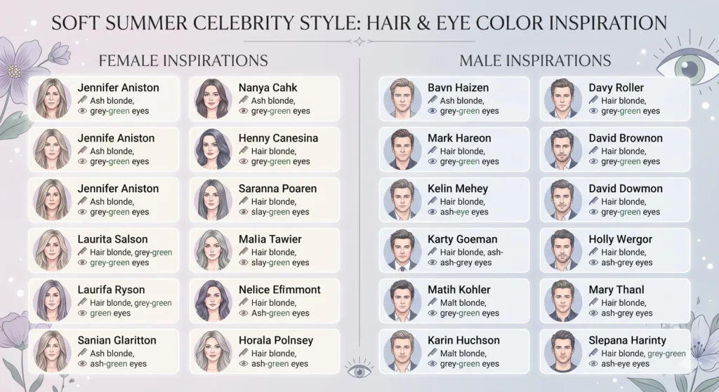 Soft Summer colouring in men presents with the same four markers — the absence of golden warmth in the skin and hair is usually the most immediately visible indicator. Soft Summer men typically have a characteristic "clean" or "understated" quality to their appearance that resists both stark darkness and warm-golden styling.here is a collage of soft summer male and femal celebs with their hair color and eye color mentioned for identification .

