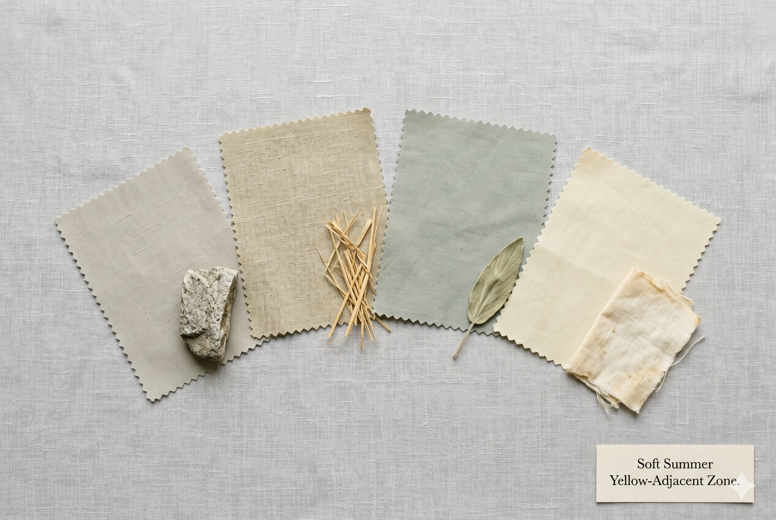 Four Soft Summer yellow-adjacent fabric swatches — cool greige, warm greige-yellow, muted sage, and yellow parchment — showing alternatives to wearing yellow that create the same warm and light quality without thermal conflict
