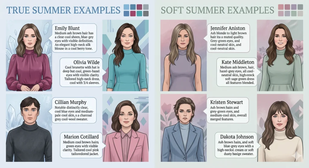 Notice the pattern: True Summer celebrities tend to be described in clearer terms ("blue eyes," "brown hair") while Soft Summer celebrities are described in compound, ambiguous terms ("grey-green," "ash-brown," "mushroom"). The naming ambiguity in the celebrity description is itself a season signal.This image depicts true summer celebs in comparison with soft summer celebs 

