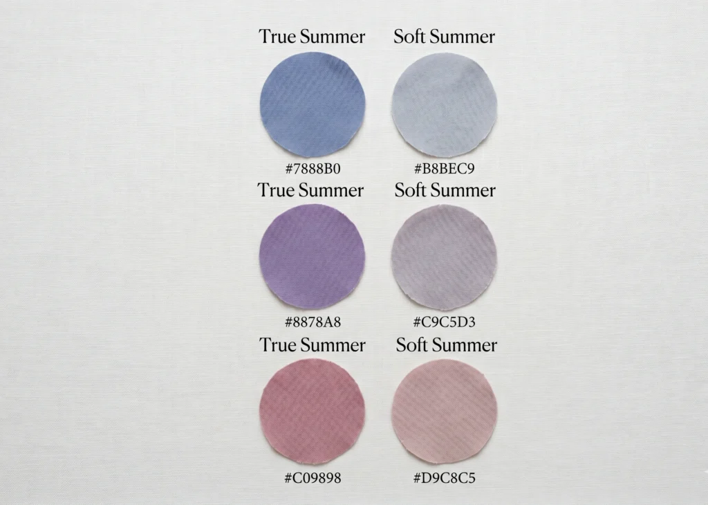 Three hue-pair fabric swatch comparisons showing the same colours at True Summer saturation (clear, medium chroma) versus Soft Summer saturation (muted, greyed, low chroma) — the visual distinction in the true summer vs soft summer comparison